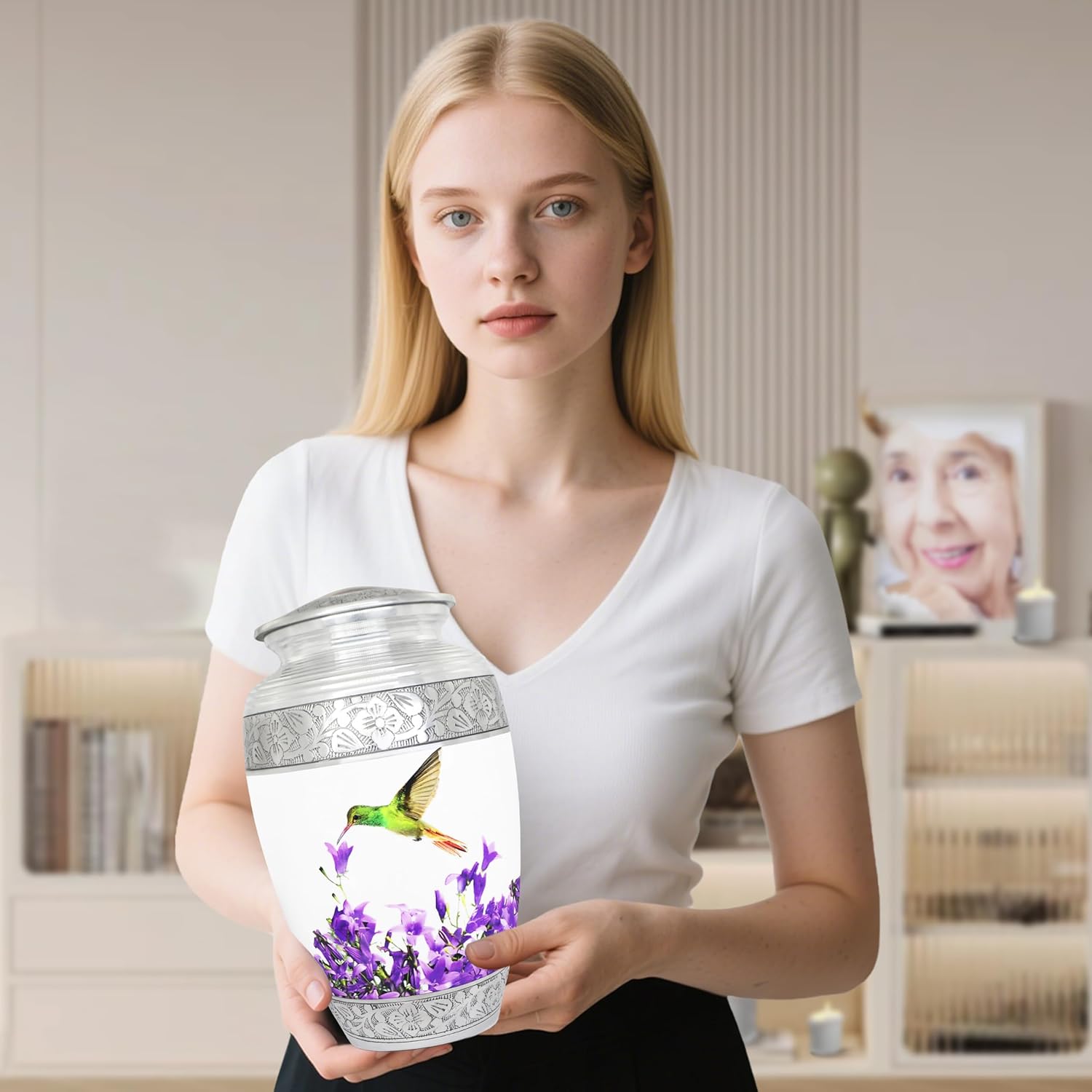 Cremation Urns for Human Ashes Adult Female & Male, Funeral Urn for Ashes for Women & Man, Decorative Urns for Burial, Purple Flower, Hummingbird Urns for Women, White - Large - Image 3