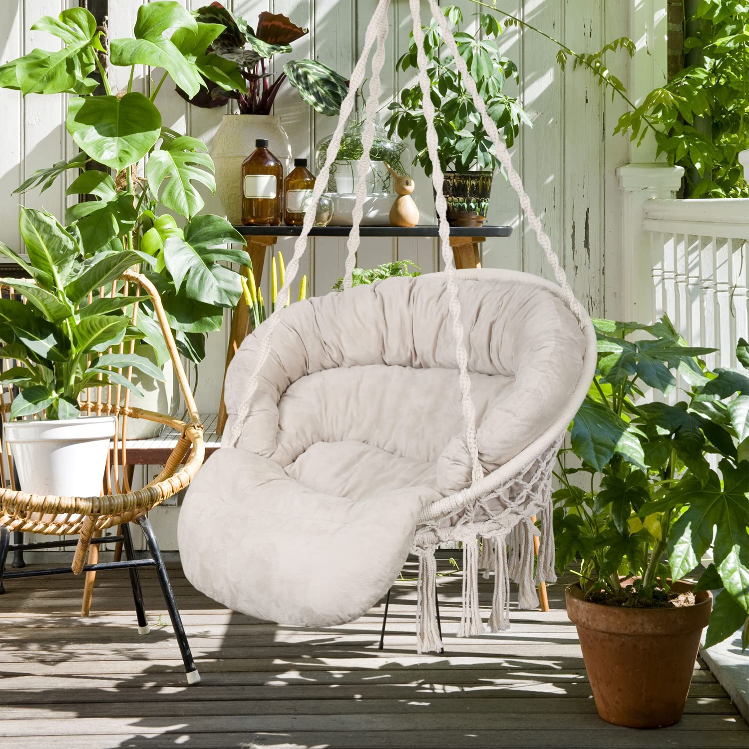 Bathonly Poltrona Sospesa, Portata 150 Kg, in Cotone con Cuscino, Sedia a dondolo in Macramè, Fatta a Mano con Kit di Accessori per Appendere, BohéMien, Giardino, Interni & Esterni, Beige
