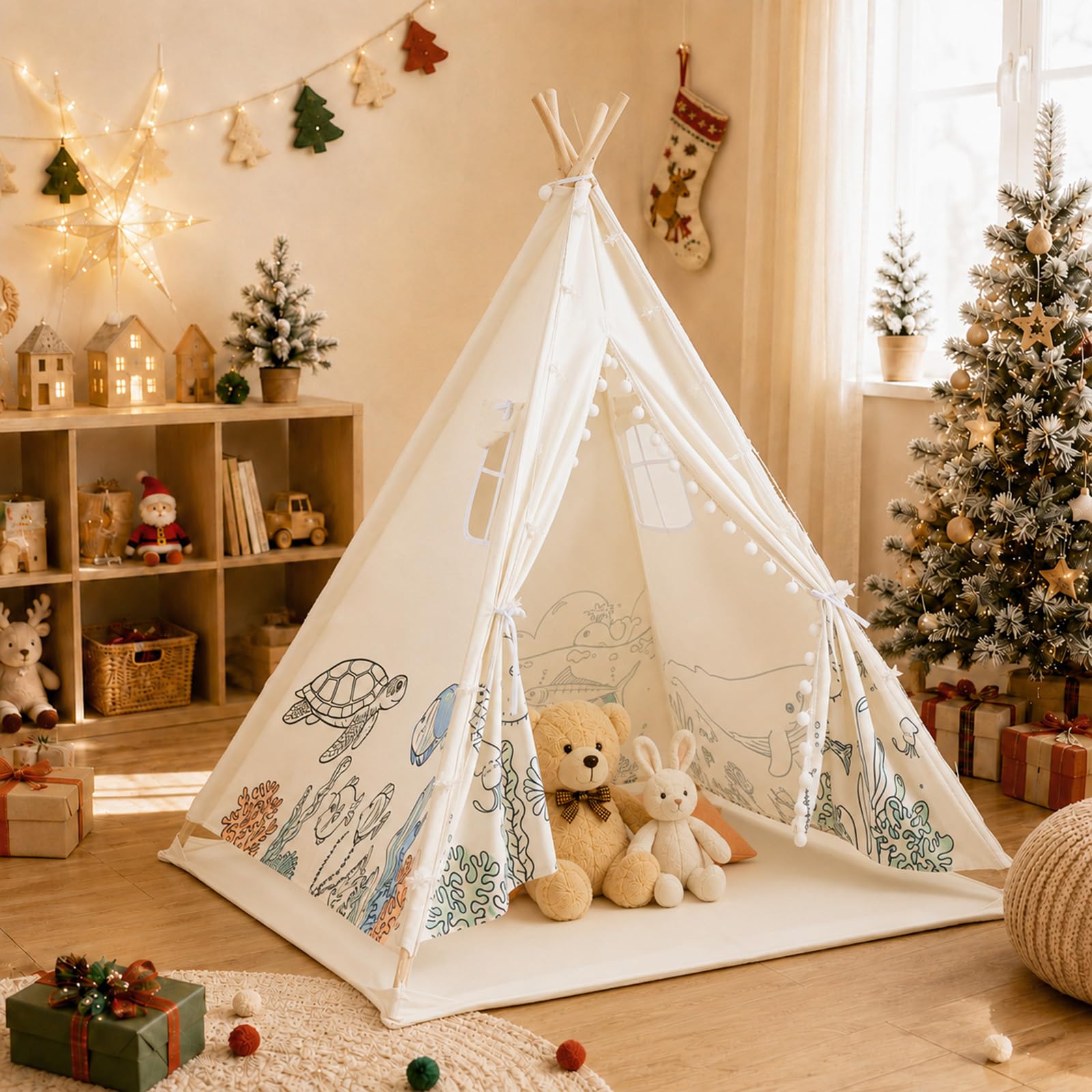DIY Tipi Zelt für Kinder, Tippi Kinderzelt Indoor, 120x140cm Segeltuch Kinder Tipi Zelt, Spielhaus Wird mit Lichterketten, Bemalung und Aufbewahrungstasche geliefert für Drinnen Oder Draußen