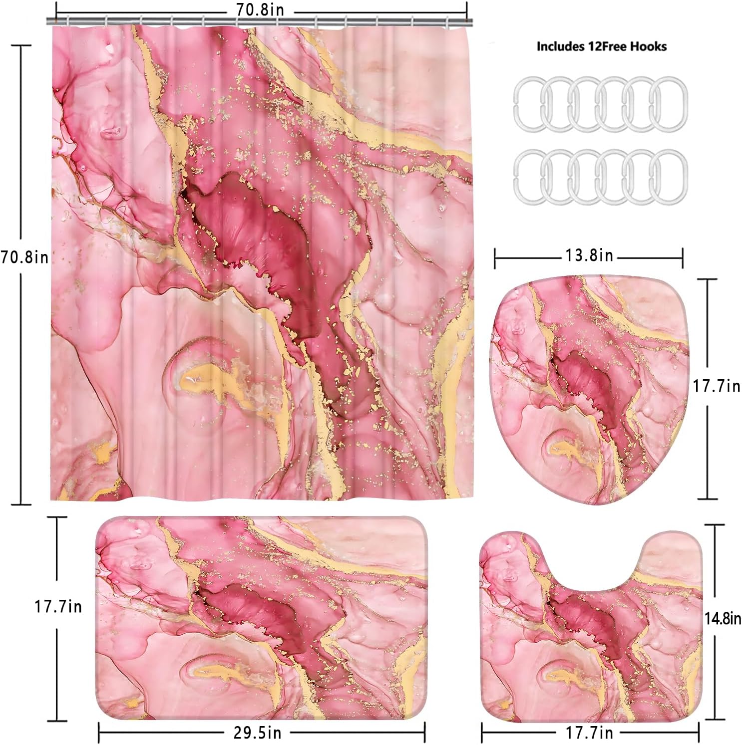 Nkzply 4 Pcs Pink Marble Shower Curtain Set Modern Abstract Bathroom Sets with Shower Curtain and Rugs Gold Fabric Shower Curtains for Bathroom Decor Accessories with Bath Rugs Toilet Lid Cover Hooks