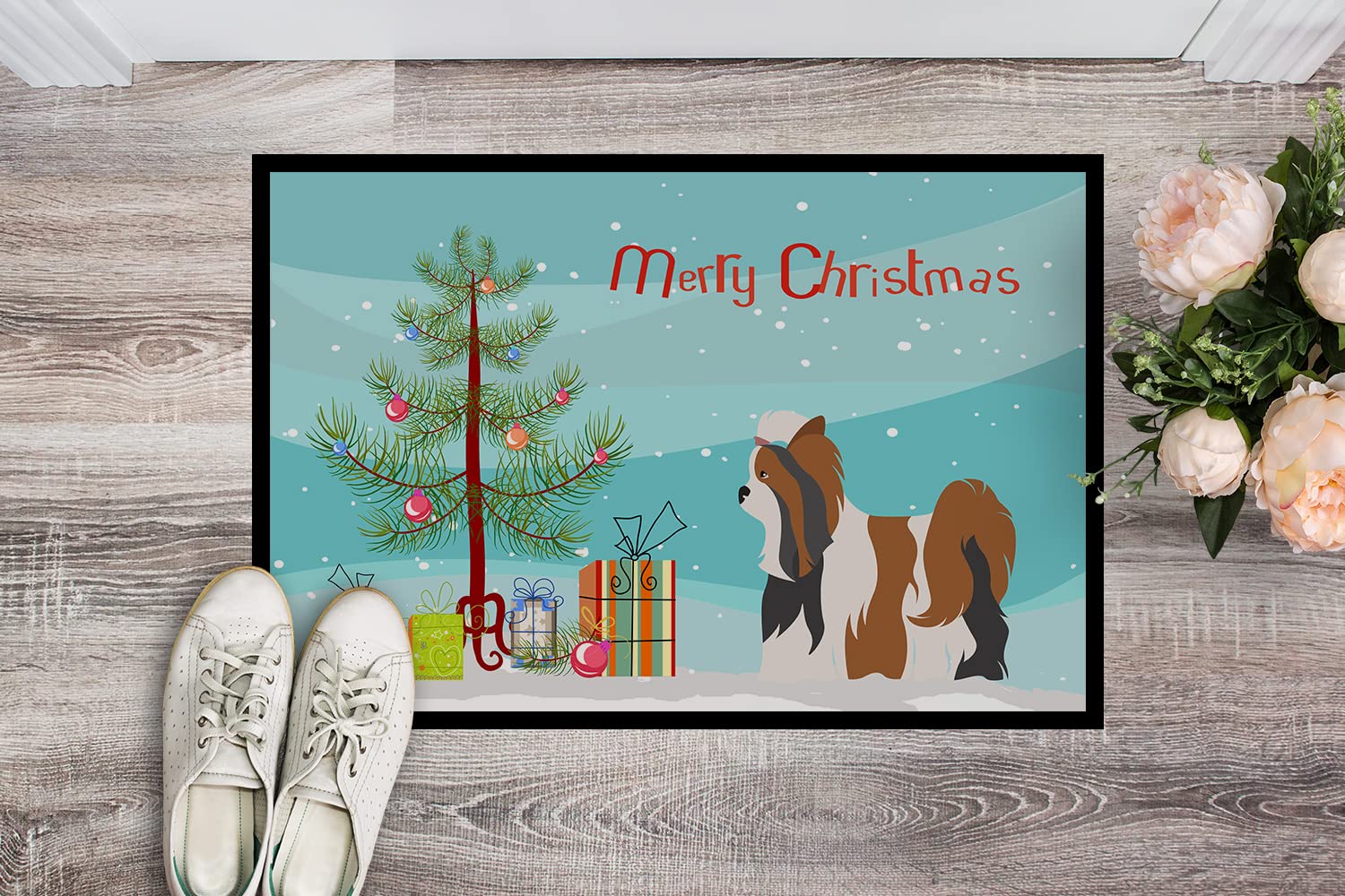 Caroline's Treasures BB8470JMAT Biewer Terrier Christmas Doormat 24x36 Front Door Mat Indoor Outdoor Rugs for Entryway, Non Slip Washable Low Pile, 24H X 36W