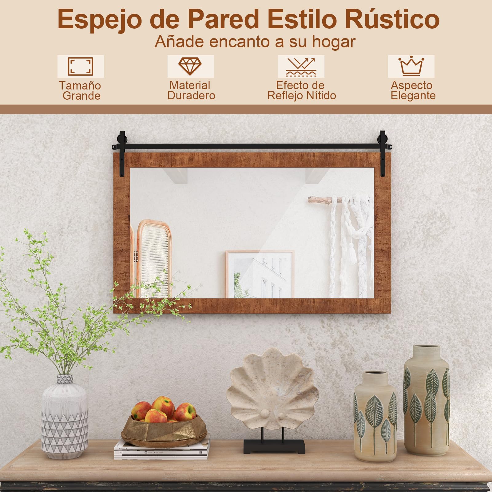COSTWAY Espejo Decorativo de Pared Horizontal, Espejo Rectangular de 100x66 cm con Marco de Madera Maciza y Soporte Metálico, Estilo Rústico de Granja, Ideal para Salón y Dormitorio (marrón)