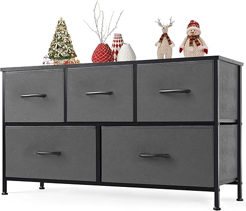 Sweetcrispy Cómoda para dormitorio con 5 cajones, cómoda ancha, cómoda larga de tela, unidad organizadora de almacenamiento para armario,