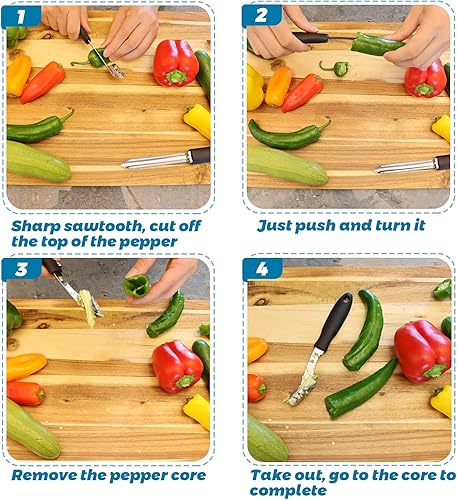 Miniatura 3 de Descorazonador de pimiento jalapeño, juego de 2, descorazonador de pepino de calabacín de acero inoxidable con rodaja dentada y mango de goma,