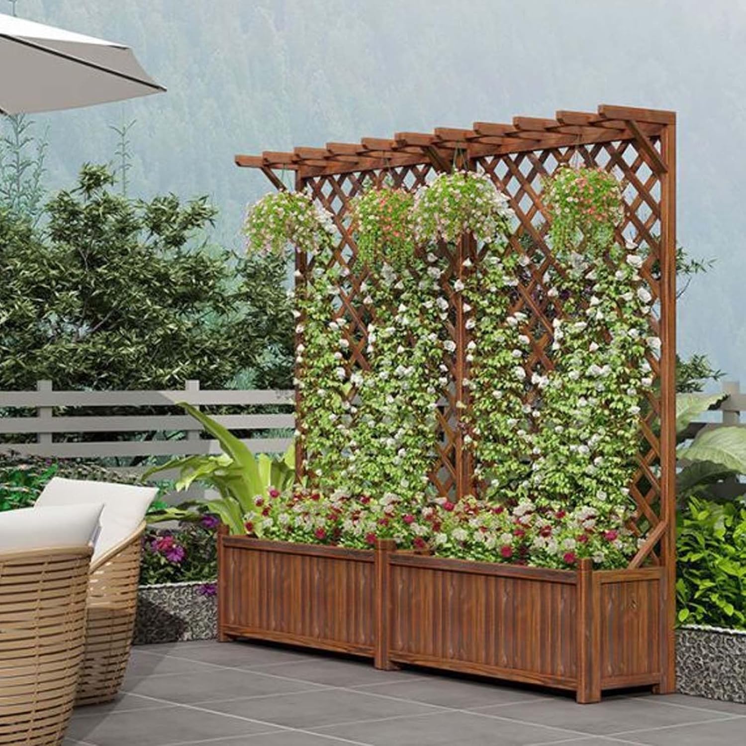 Raised Wooden Planter Box with Lattice Trellis,Elevated Garden Bed Hanging Roof & Drainage Holes,for Vine Climbing Plant, Flower, Herb & Vegetable