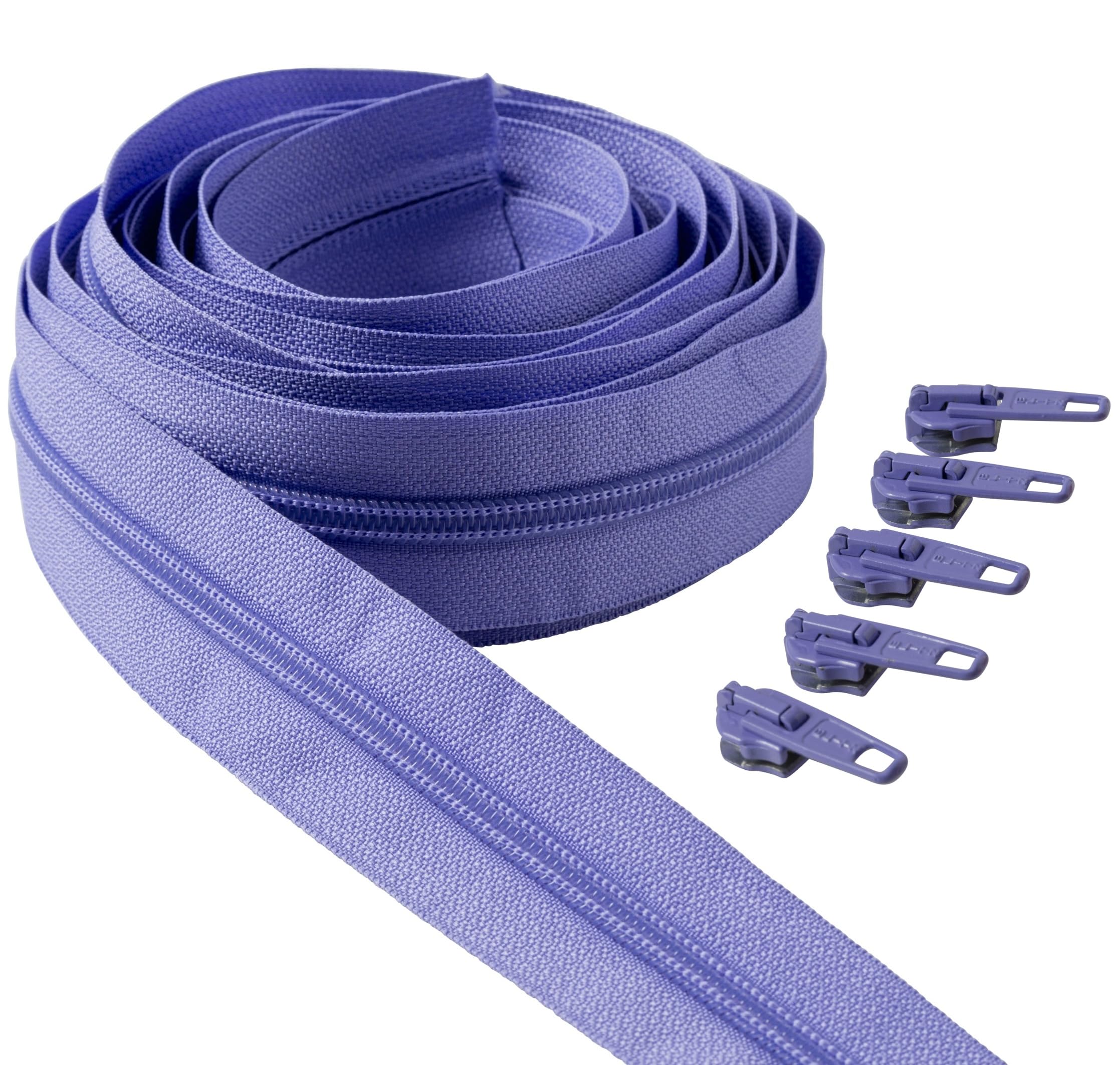 IPEA Purple Lilac Continuous Chain Zipper 5 Metres Long + 15 Metal Sliders - Made in Italy - Chain Size #5 - Nylon Zippers - Zip - Cut to Size by the Metre - 30mm Wide