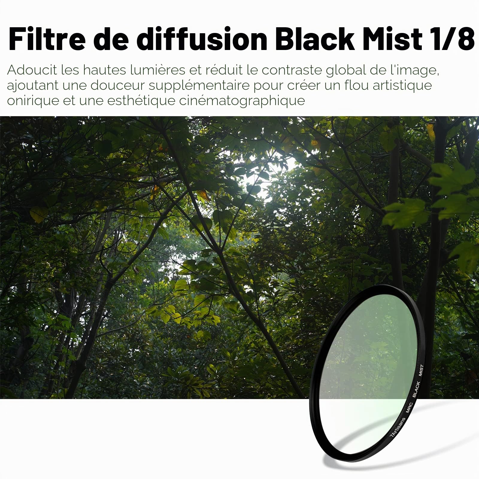 7artisans Filtre à brume noir 1/8 en alliage d'aluminium naturel doux effet diffuseur de rêve effet cinématographique Soft Focus Filtre en verre optique (82 mm)
