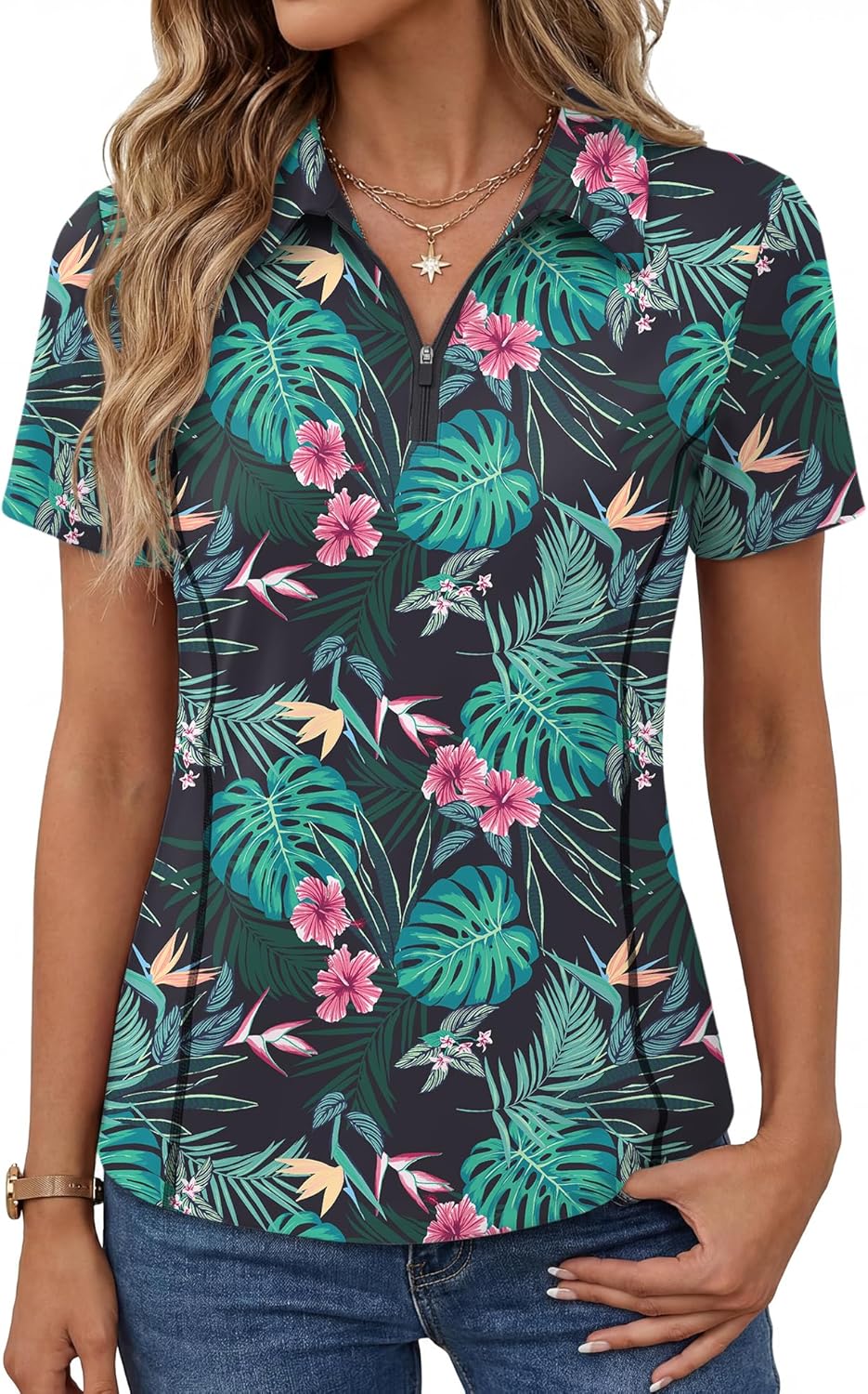 LOMON Women’s Short Sleeve Athletic Polo Shirt High Performance Stretch Quarter Zip Top for Golf Tennis