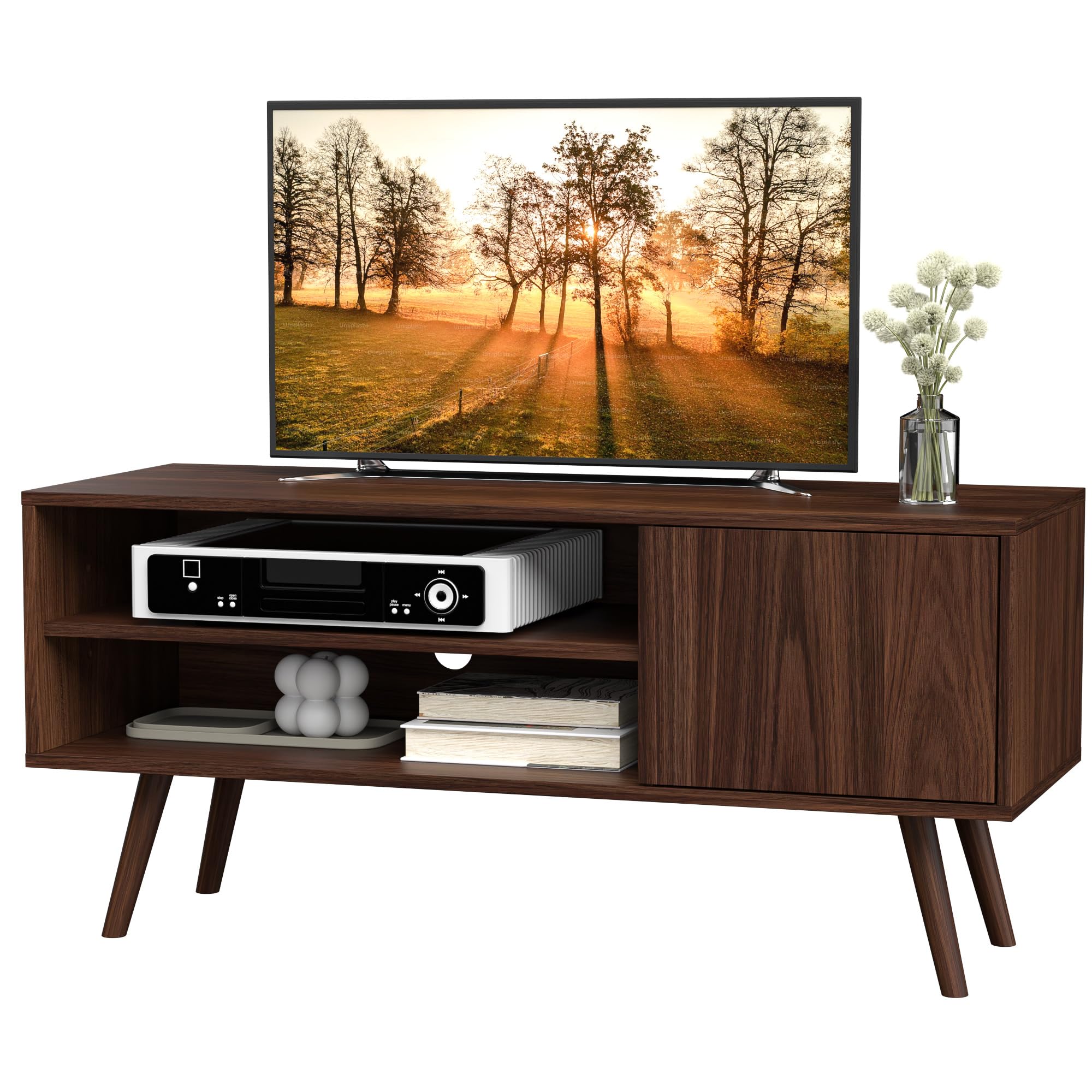 Mueble TV para hasta 50 Pulgadas, 40 x 110 x 49.5 cm, Mueble TV Salon con Puerta de 40 cm, Ajustable Estante Abierto, Centro de Entretenimiento Estilo Medieval, Dormitorio, Comedor (Marrón Oscuro)