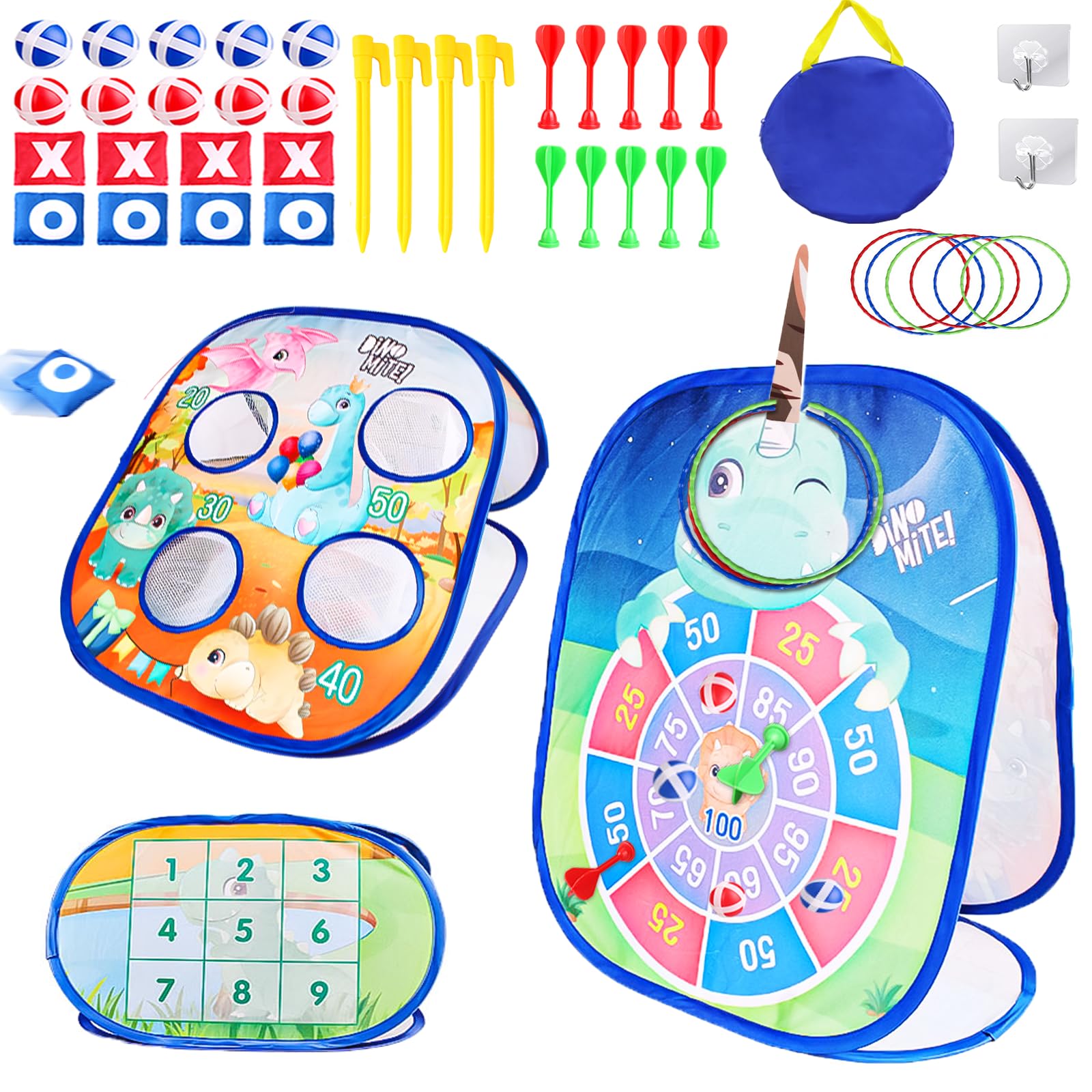 Dartscheibe Wurfspiel für Kinder, 5 in 1 Dinosaurier Dartspiel mit Dart, Sitzsack, Klettbälle, Ring toss, Tragbares Outdoor Spiele für Kinder, Geburtstags Geschenke für Kinder ab 3 Jahren