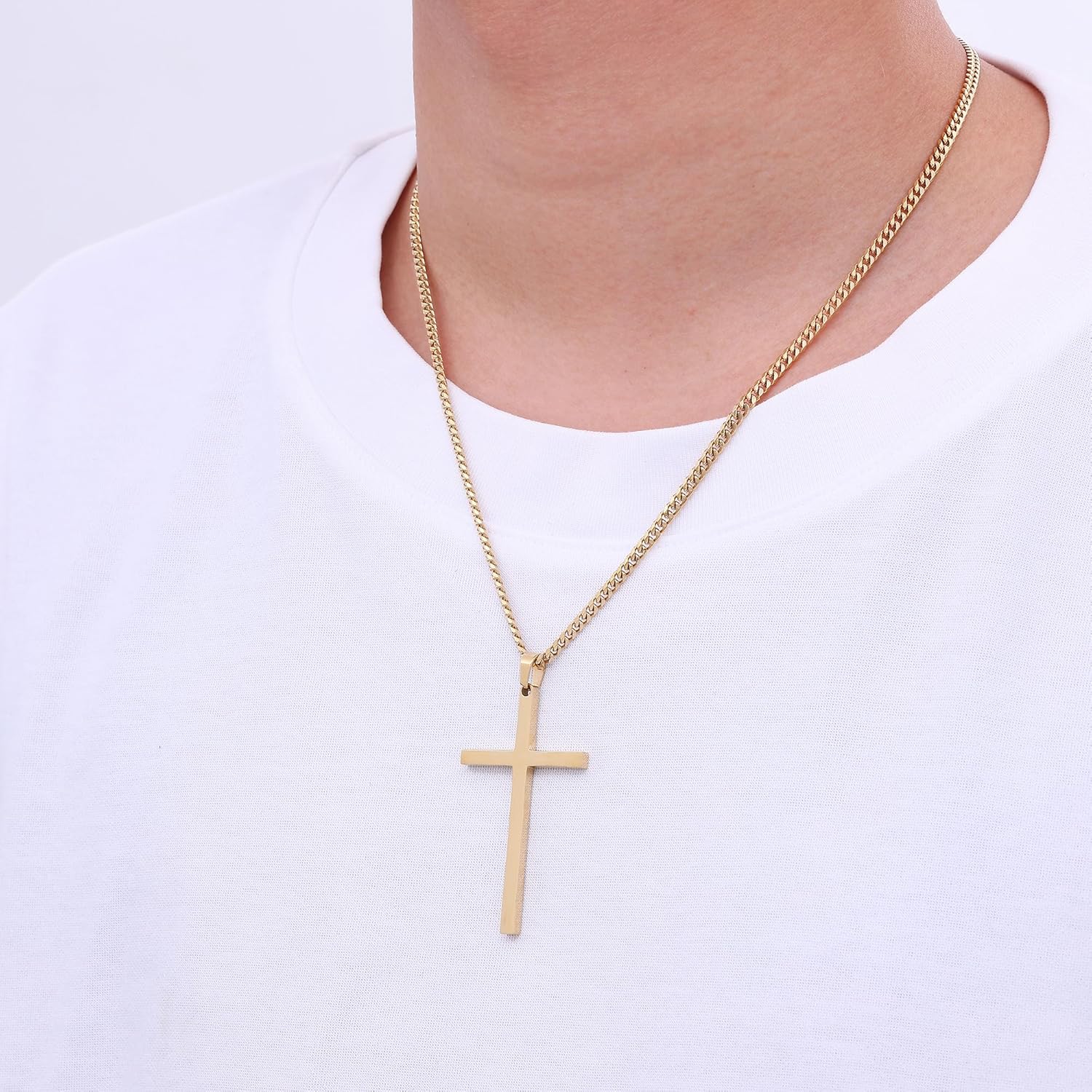 Fiusem Cross Necklace for Men and Women, 14K Gold Plated Mens Cross Necklaces with 3.5mm Cuban Chain, Stainless Steel Pendant Chain 16-24 Inches - Image 4
