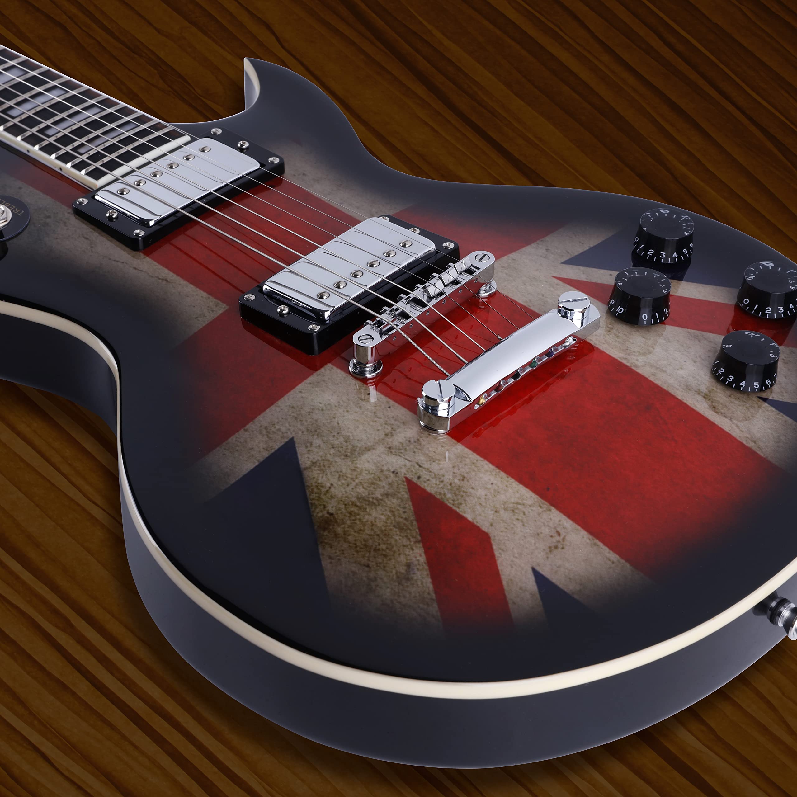 Leo Jaymz Full Size Single Cut Electric Guitar - with Amazing UK Flag Sticker on Arched Top - Grover Machine Heads (UK Flag)