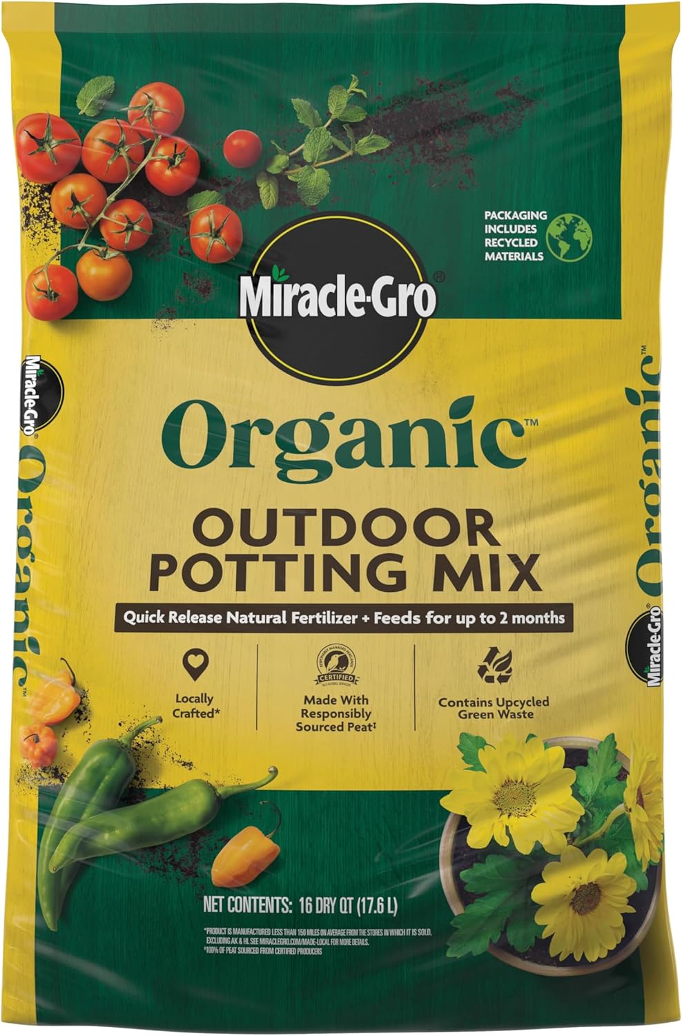 Miracle-Gro Organic Outdoor Potting Mix, for Outdoor Container Plants, Contains Quick-Release Natural Fertilizer, OMRI Listed, 16 qt.