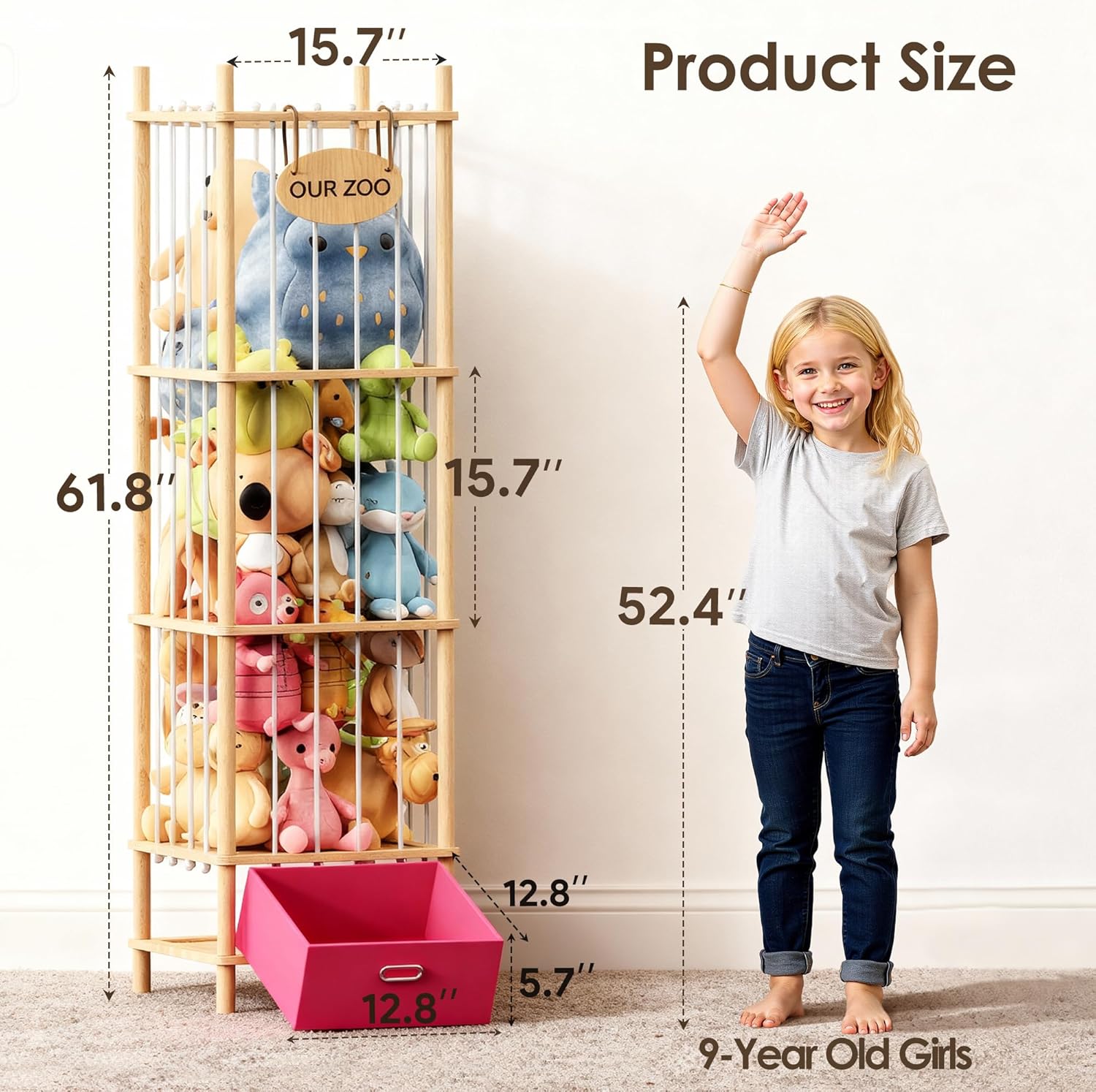 Brelley Stuffed Animal Storage Wood Toy Storage Organizer with Drawer, Large Toy Chest Stuffed animal holder for Kids Nursery Playroom Bedroom