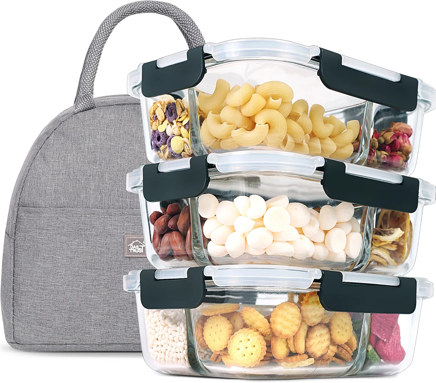 3 Pack 36oz Bento Box Glass Meal Prep Containers 3 Compartments Glass Food Storage