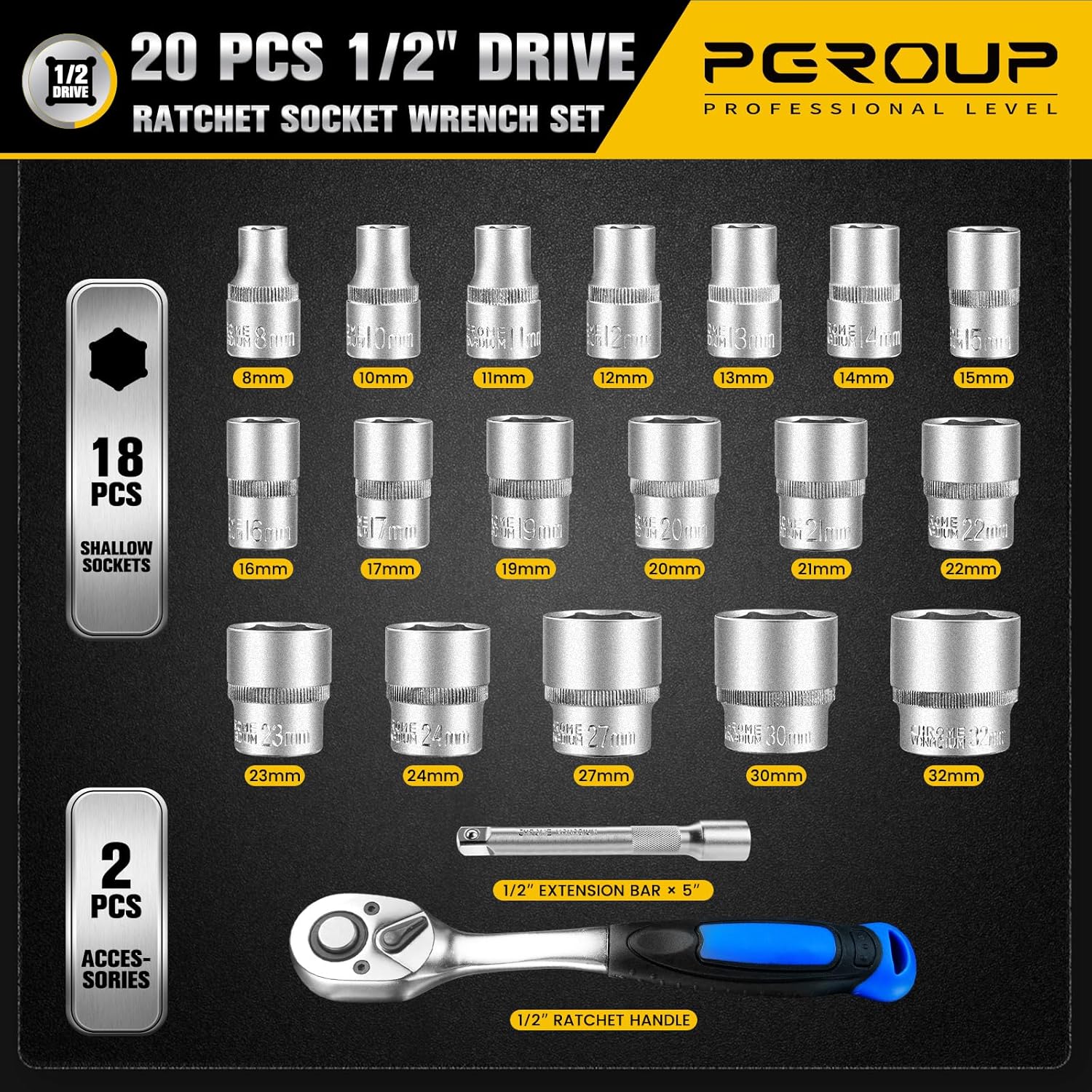 20 PCS 1/2" Drive Metric Socket Wrench Set,90-Tooth Reversible Ratchet Handle，6 Point Shallow Sockets (8-32mm) and Extension Bar 5", CR-V Steel, Car Repair Set