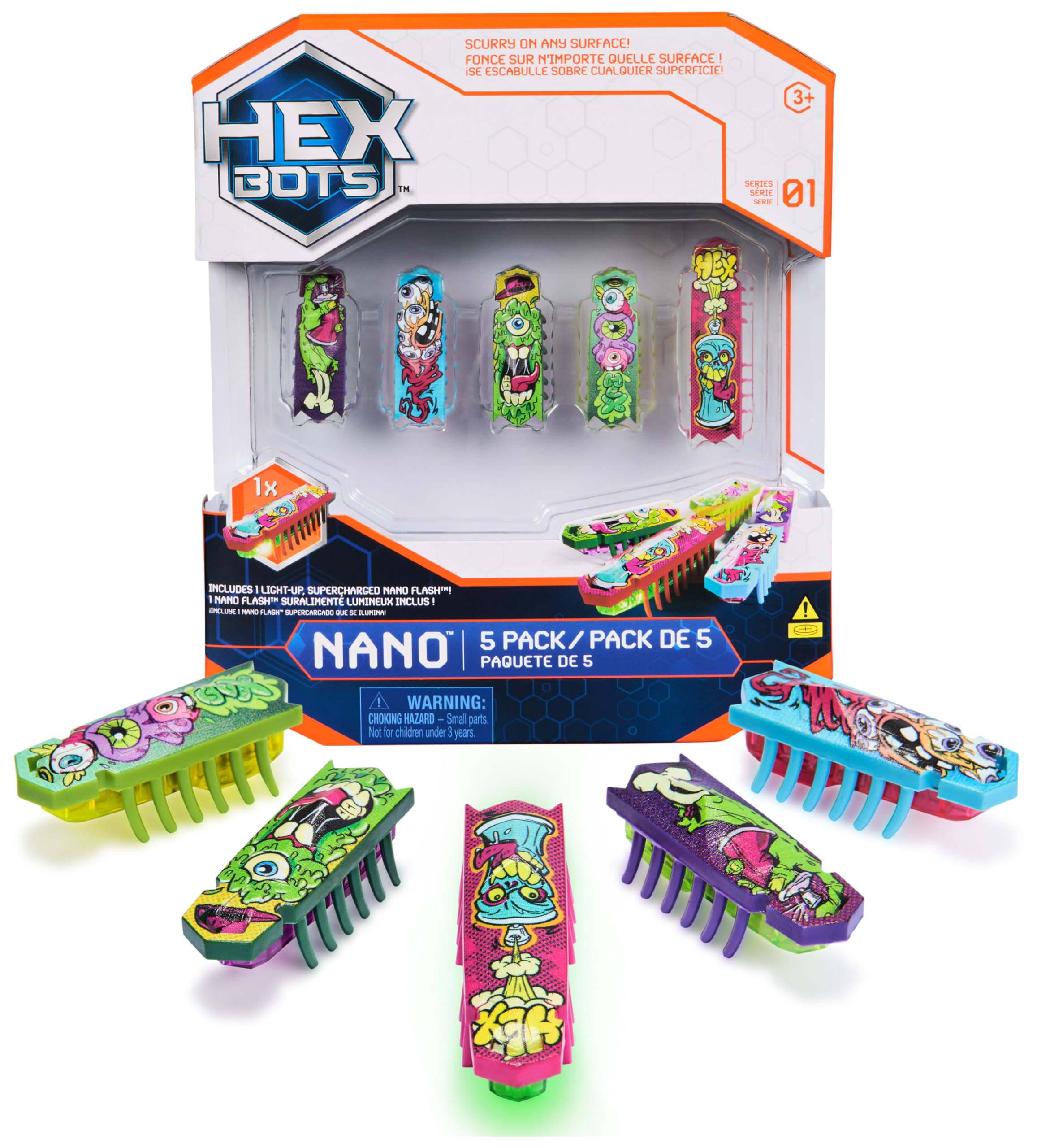 HEX BOTS Nano Bots | Nano Bots 5-Pack with Mini Bots und Flash Bot – Sensorik-Spielzeug für Kinder & Katzen