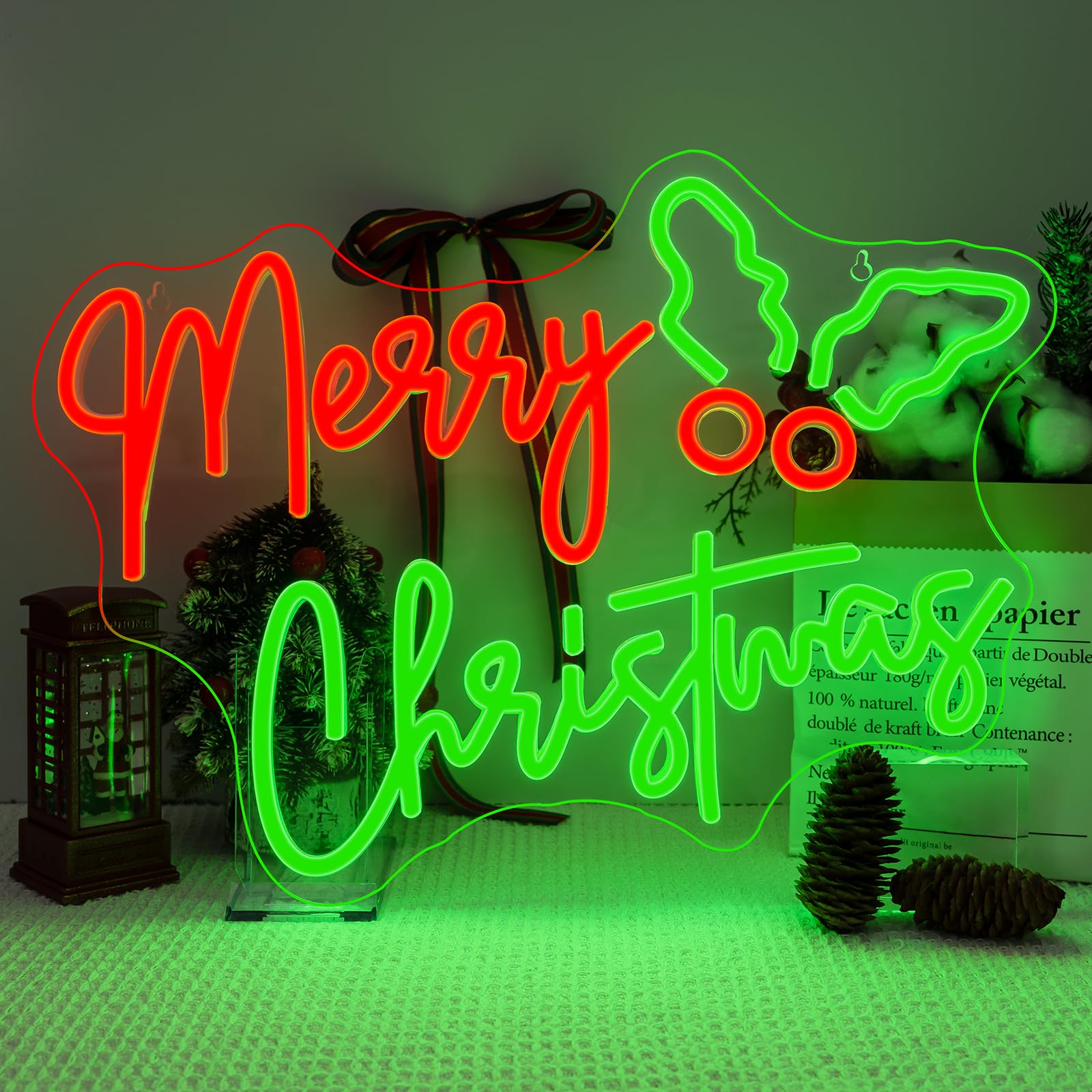 Holly Berry Merry Christmas Neon Sign Red Green Xmas LED Lights for Wall Decor USB Powered Light Up Signs for Bedroom Home Bar Christmas Party Decorations Teens Family Gifts