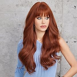HAIRCUBE Auburn Wigs with Bangs Synthetic Women\'s Wig Long Wavy Layered Heat-Resistant Wig for Daily Use Natural and comfortable