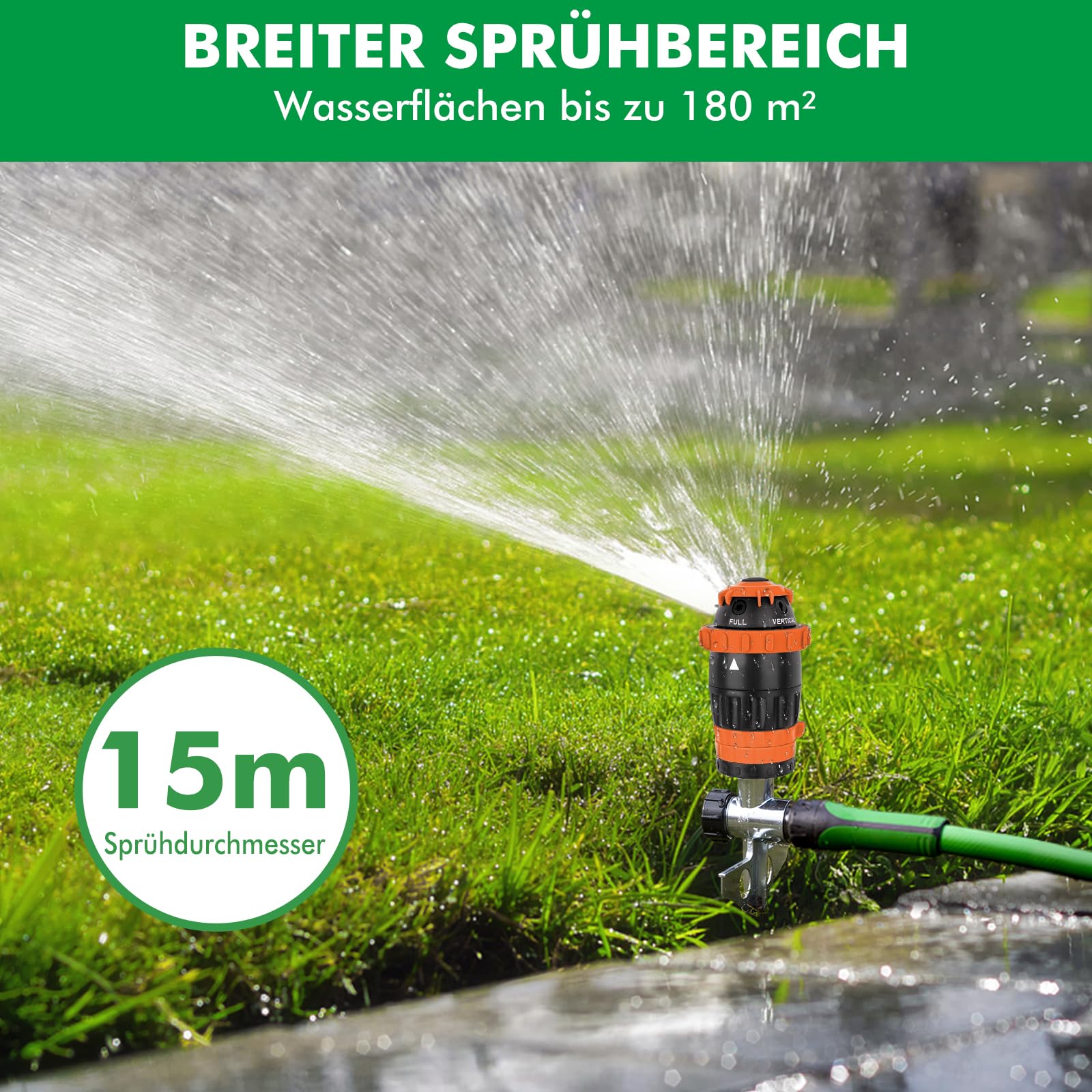RESTMO Getriebe-Sprinkler mit Metallspike-Basis – Rasensprenger für große Flächen, 5 Muster, Bewässerungssystem für Rasen & Beete, Gartensprinkler, Reichweite 15 m, 180 m² Abdeckung, Grün, Orange