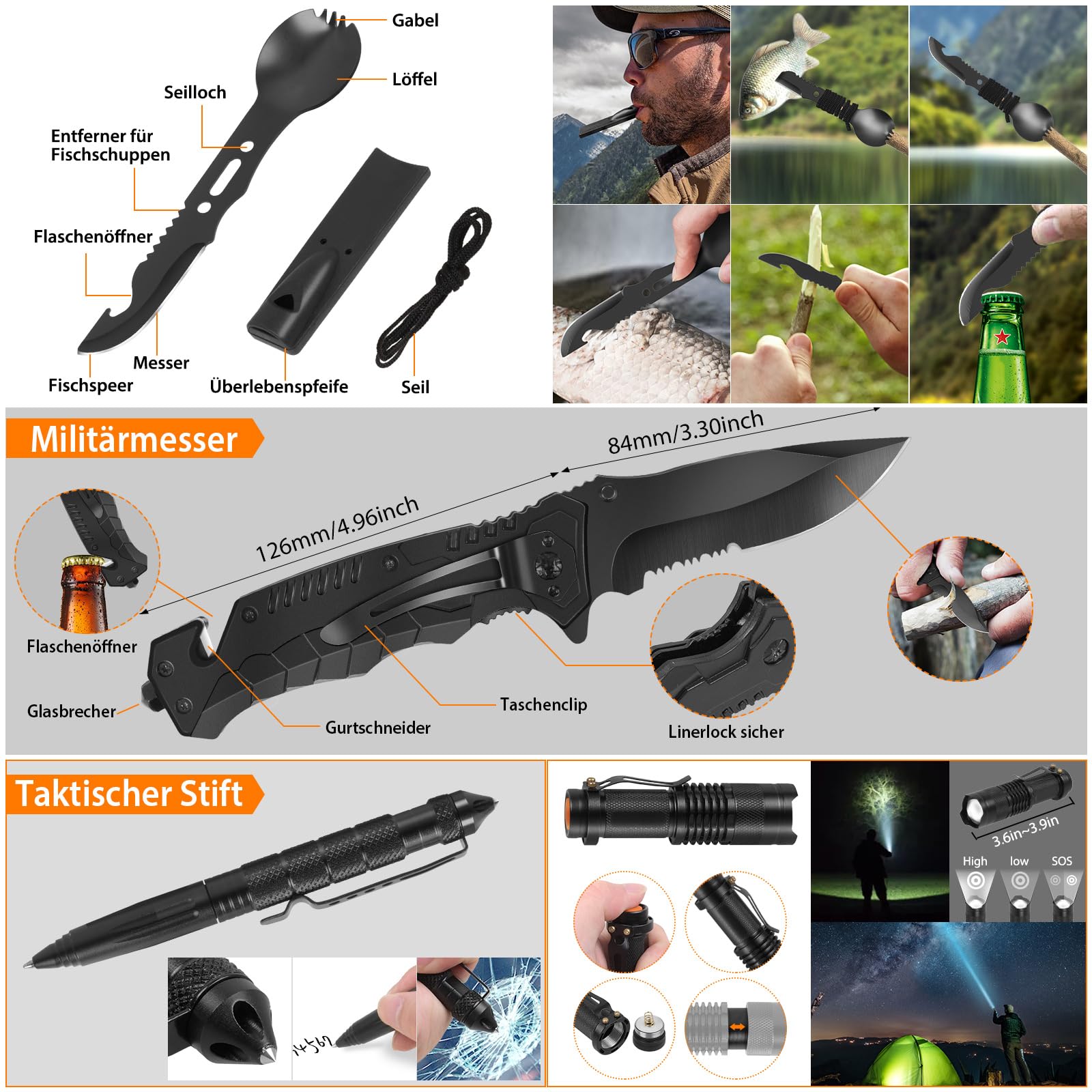 Außen Notfall Survival Kit, Erste Hilfe Set,Survival Set mit Messer für Männer Campin,Klappzange, Reiseabenteuer, Wandern, Outdoor-Abenteuer