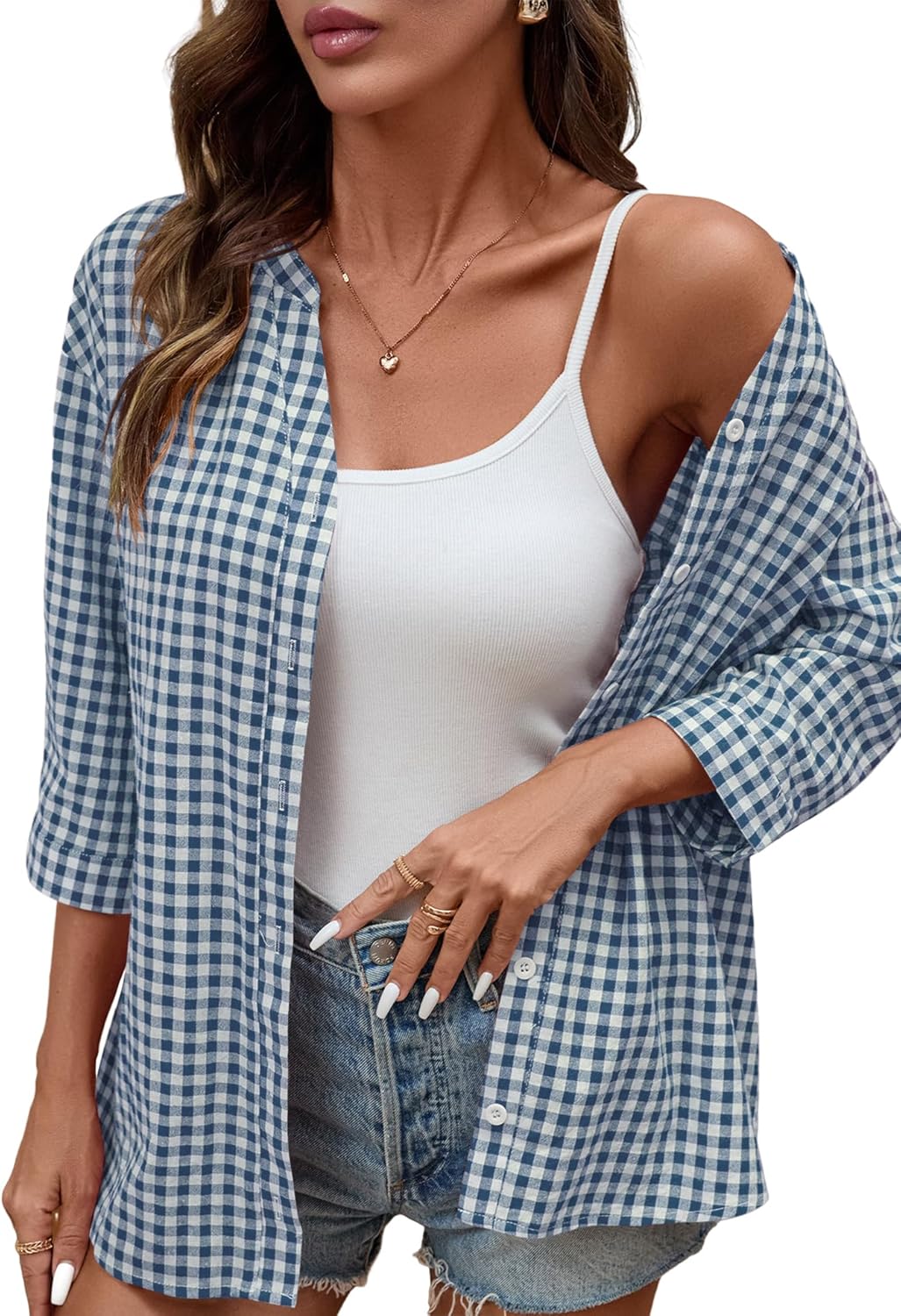 LOMON Cotton 3/4 Sleeve Button Down Shirts for Women Gingham Plaid Striped Tops V Neck Casual Loose Blouse - Image 6