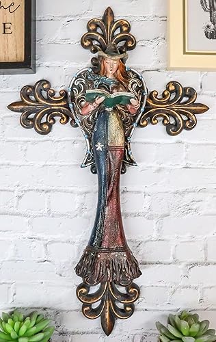Vista 2 de Ebros Gift Rustic Fleur De Lis Le Fleur French Lily with Texas Western Cowgirl Angel Wall Cross Decor Placa Colgante Escultura Figurita 17" Alto