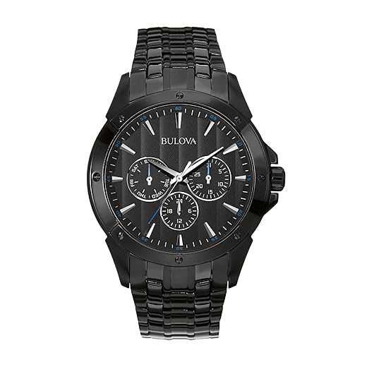 Bulova Relógio masculino clássico de quartzo multifuncional com 6 ponteiros para dia/data, mostrador preto estampado, 43 mm, Banhado a íons preto/detalhes azuis, Pulseira clássica de aço inoxidável