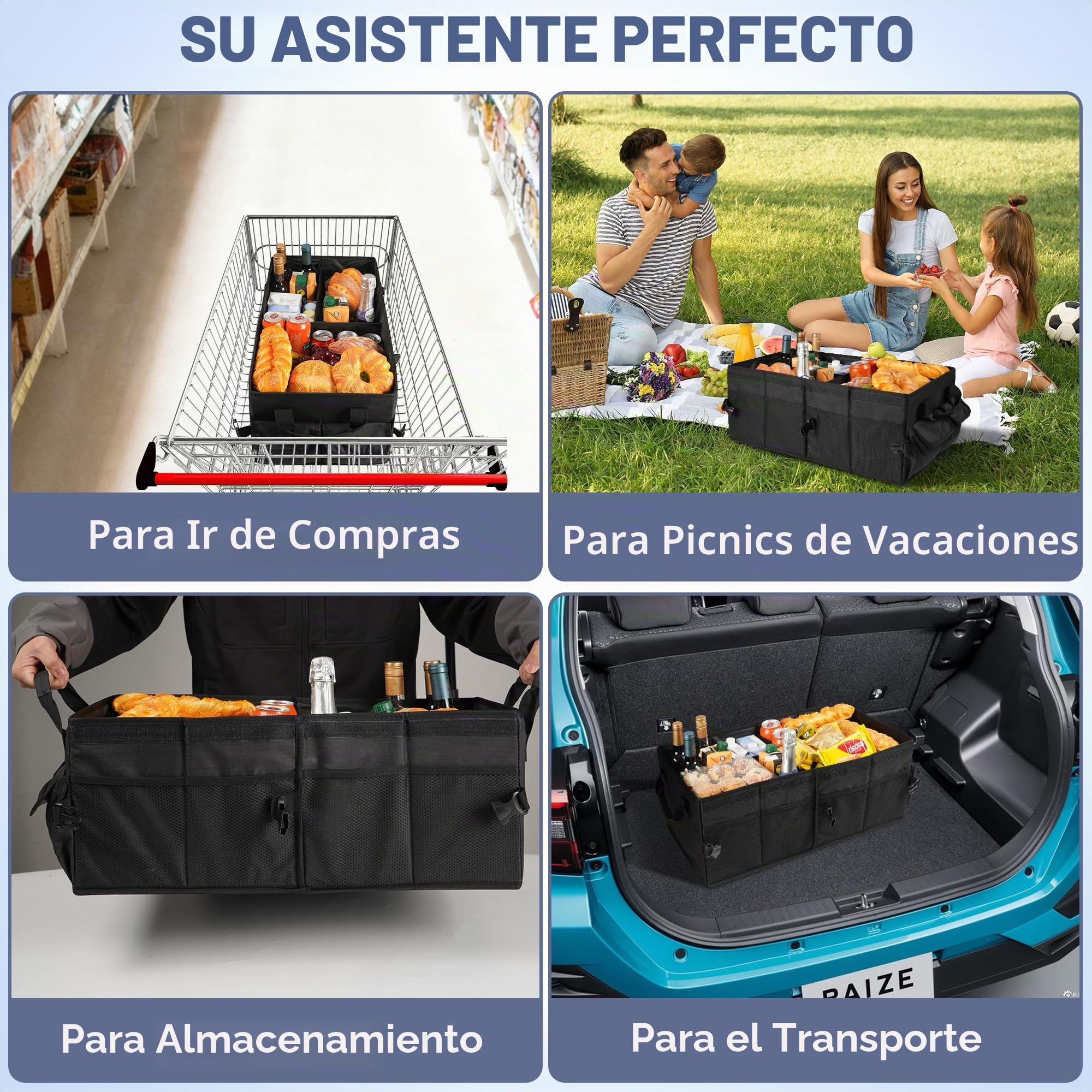 Organizador de maletero, bolsa plegable para maletero con tapa, organizador de maletero para automóvil con divisores extraíbles, equipado con base antideslizante y cierre de velcro, bolsillos