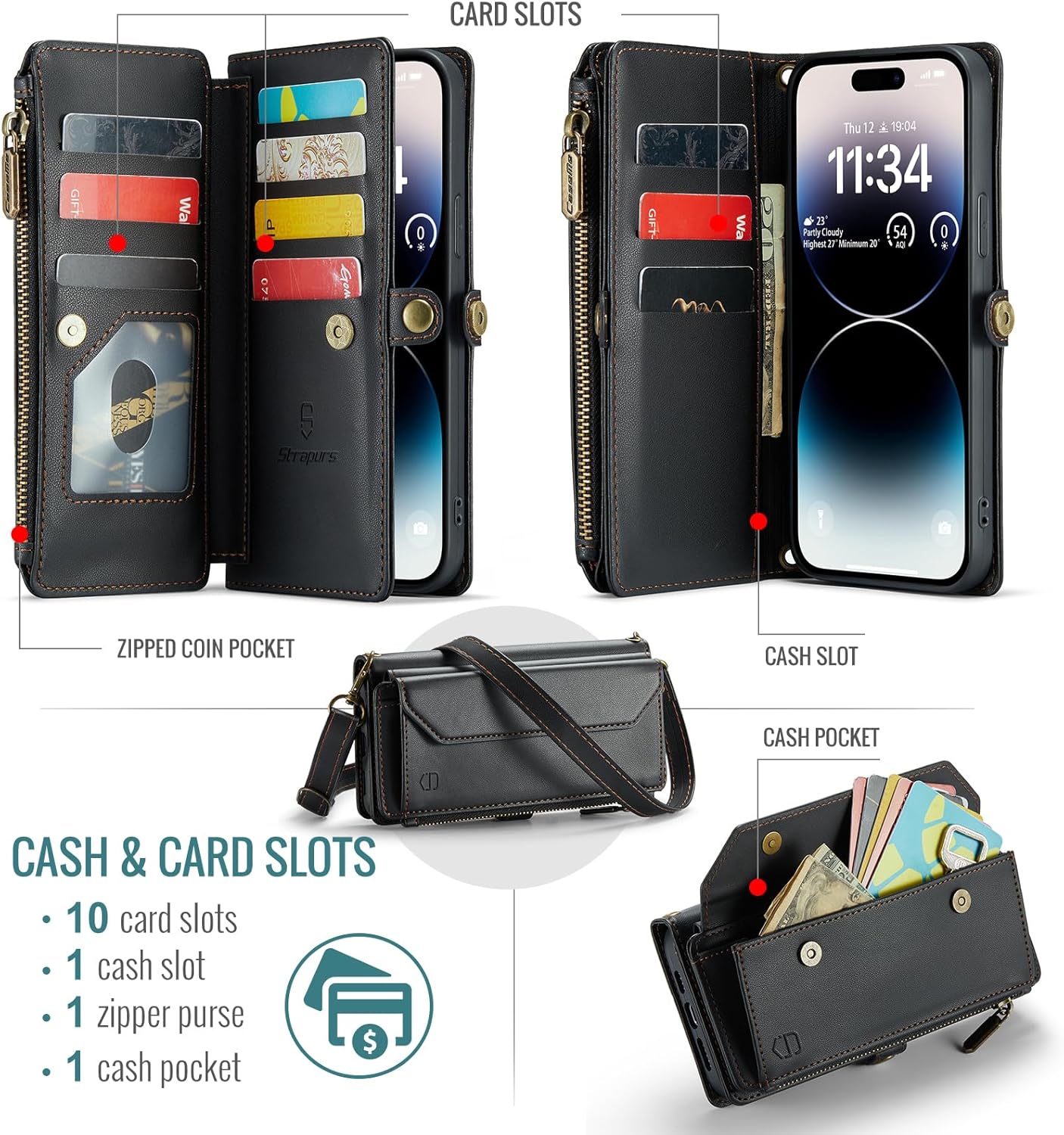Strapurs Wallet Case Compatible with iPhone 14 Pro Max RFID Blocking 10-Card Holder Soft PU Leather Magnetic Snap Shoulder Strap Zipper Pocket Phone Case Fit for iPhone 14 Pro Max - Black
