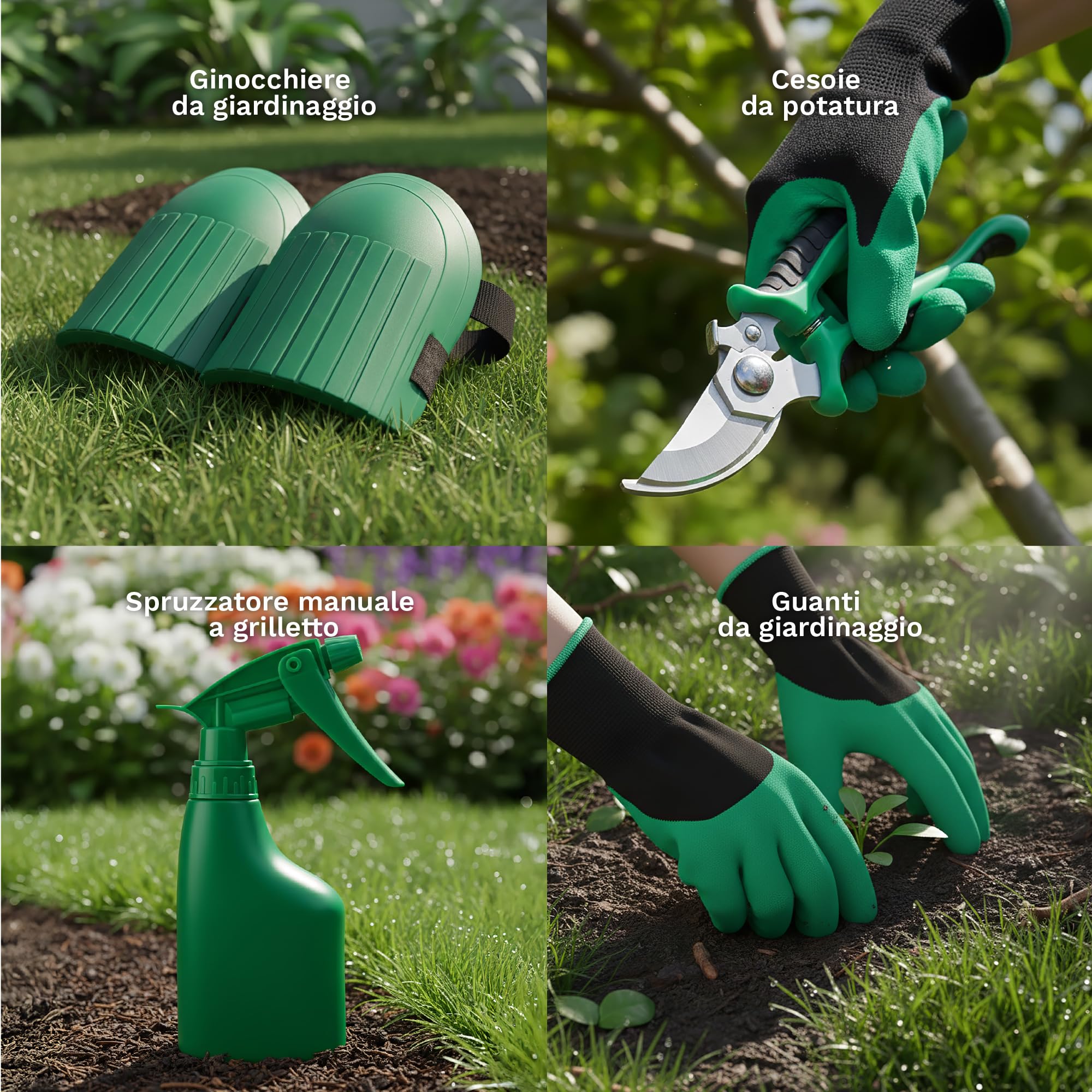 Set Attrezzi da Giardinaggio 10 Pezzi – Kit Completo con Paletta, Trapiantatore, Forchetta, Rastrello, Forbici da Potatura, Guanti, Spruzzino e Ginocchiere