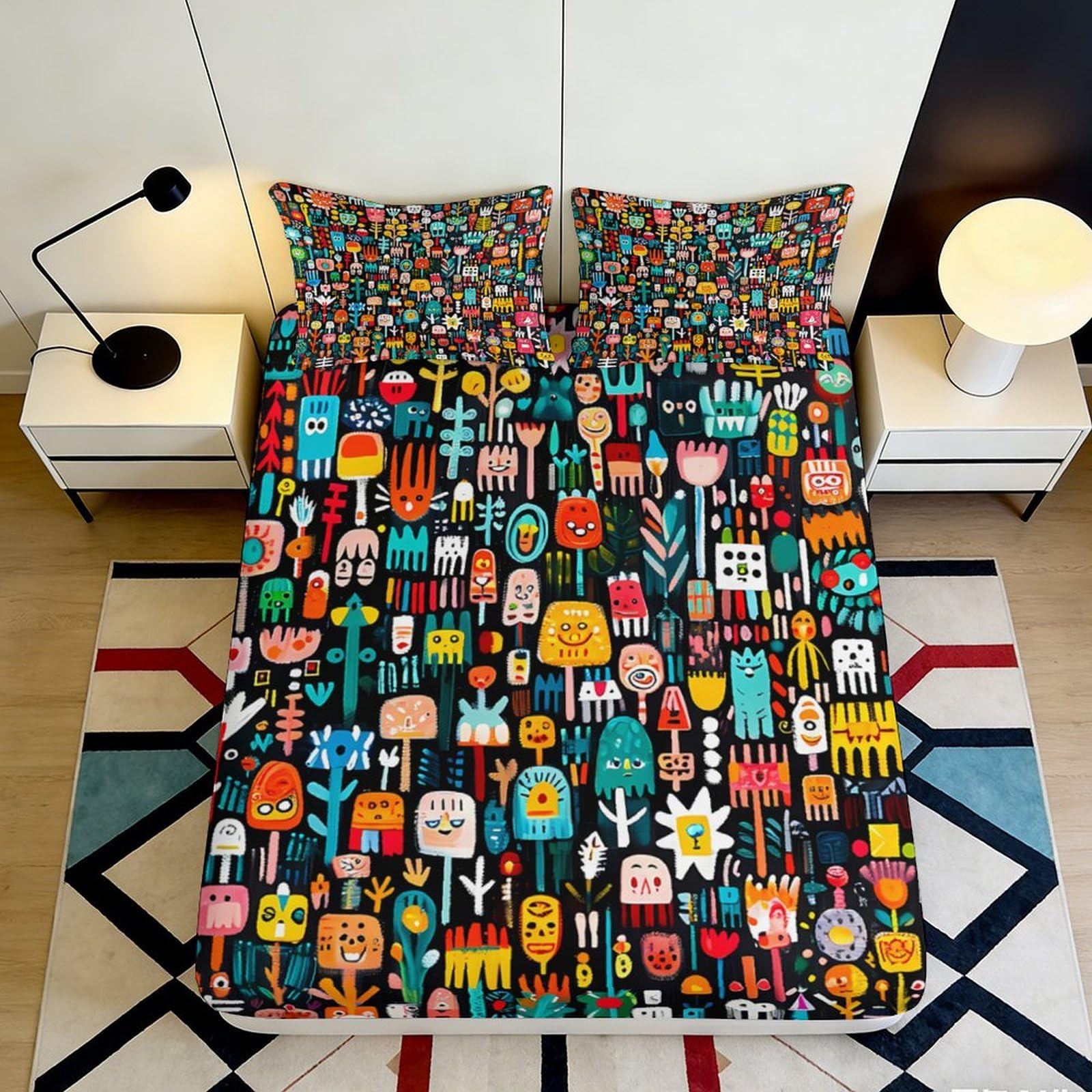 3D Printed Graffiti Pattern Fitted Sheet Microfiber Deep Pocket Non-Slip All Wrap Graffiti Mattress Fitted Cover for Bedroom 200x200x25cm 90x200x25cm