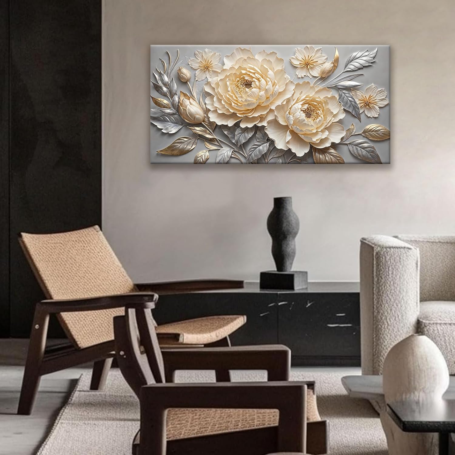 Canvas Art Wall Decor Prints Picture Flower Wall Art Landscape Painting Silver White Floral Wall Art Bedroom Bathroom Office Home Wall Decor 20" X 40" Ready To Hang