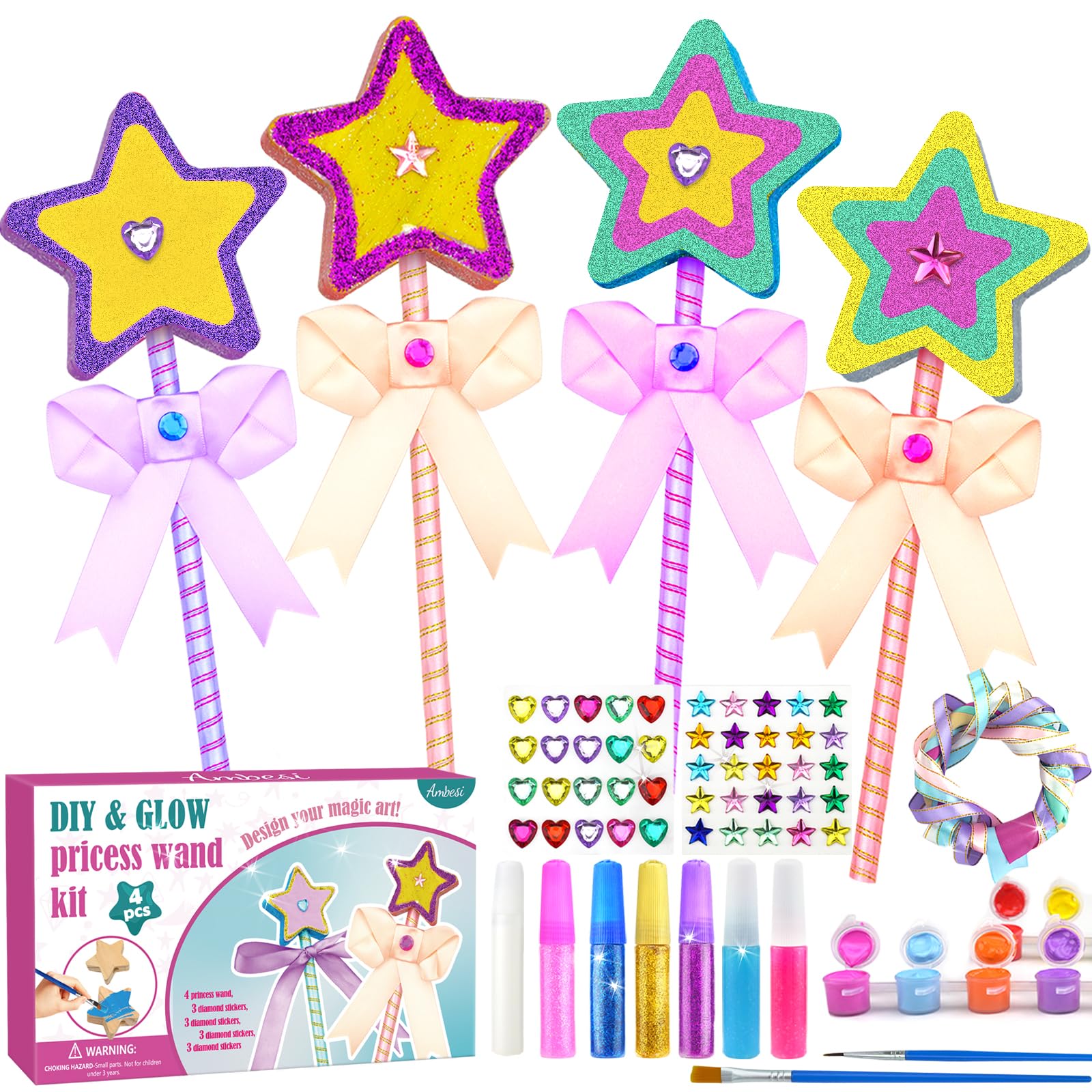 Ambesi Make Your Own Princess Wand Craft Kit, 4PCS Thick Wooden Fairy Wands with Gem Stickers & Ribbons, Art Kits for Toddler, Girls Painting Crafts Birthday Chrismas Gifts for Girls Ages 3 4 5 6
