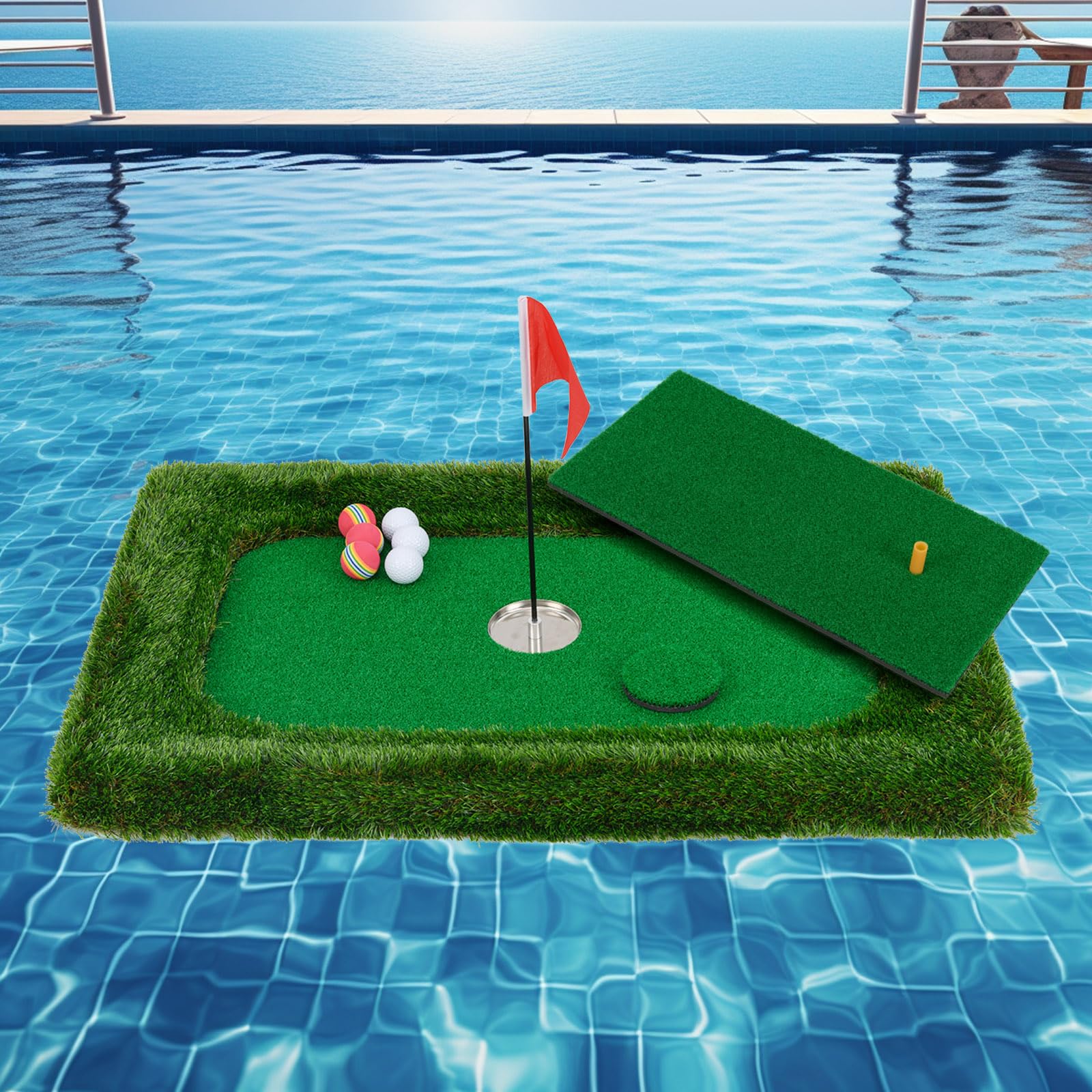 ULTIMATE Floating Golf Green for Pool, Floating Chipping Green Mat w/Hitting Mat, Golf Balls, Flag and Tee for Golf Practice, Golf Putting Mat for Golf Game (Rectangular, 37.5