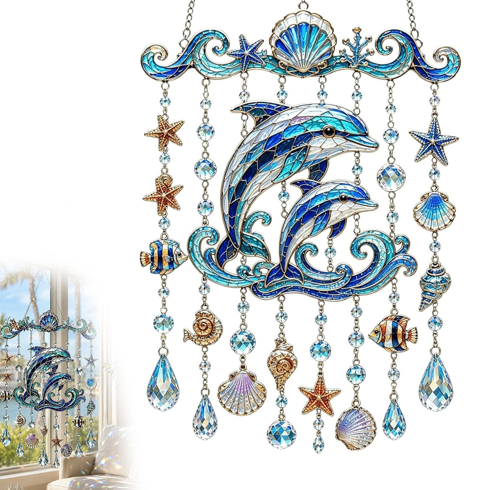 Ocean-Themed Crystal Wind Chime – Bring the Ocean Glow to Your Garden, Stained Acrylic Sea Turtle Whale Dolphin Hanging Suncatcher with Prism Drops for Garden Yard Patio Porch Window，Dolphin