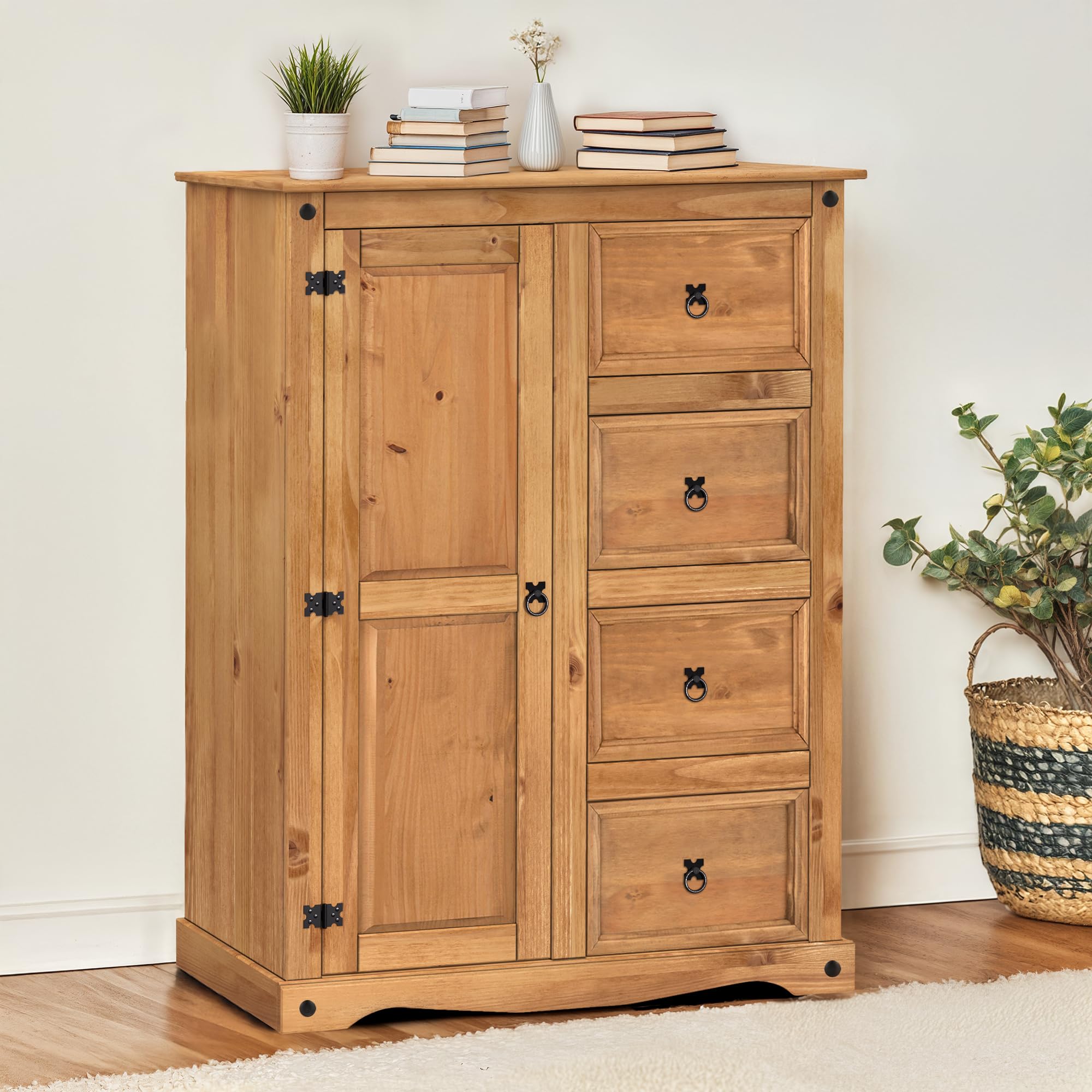 Mercers Furniture Trade Corona Tallboy Wardrobe Solid Wood Pine Wooden Low Short Bedroom Storage Robe Deep Drawers Hanging Rail Mexican Style 145cm High 110cm Wide 46cm Deep