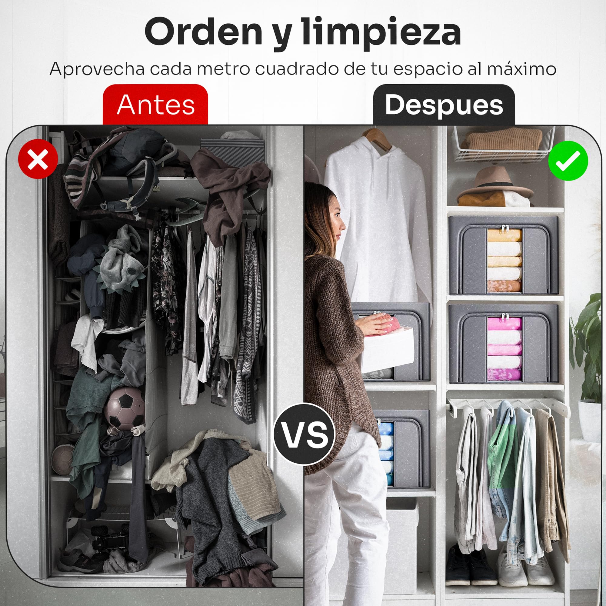 Cajas Almacenaje Ropa GRANDES Pack 2 · 66L (132L total) — Armario, Marco Metálico Rígido y Apilable, Plegable, Tela Oxford con Cremallera y Ventana Transparente Quitapelusas Incluido