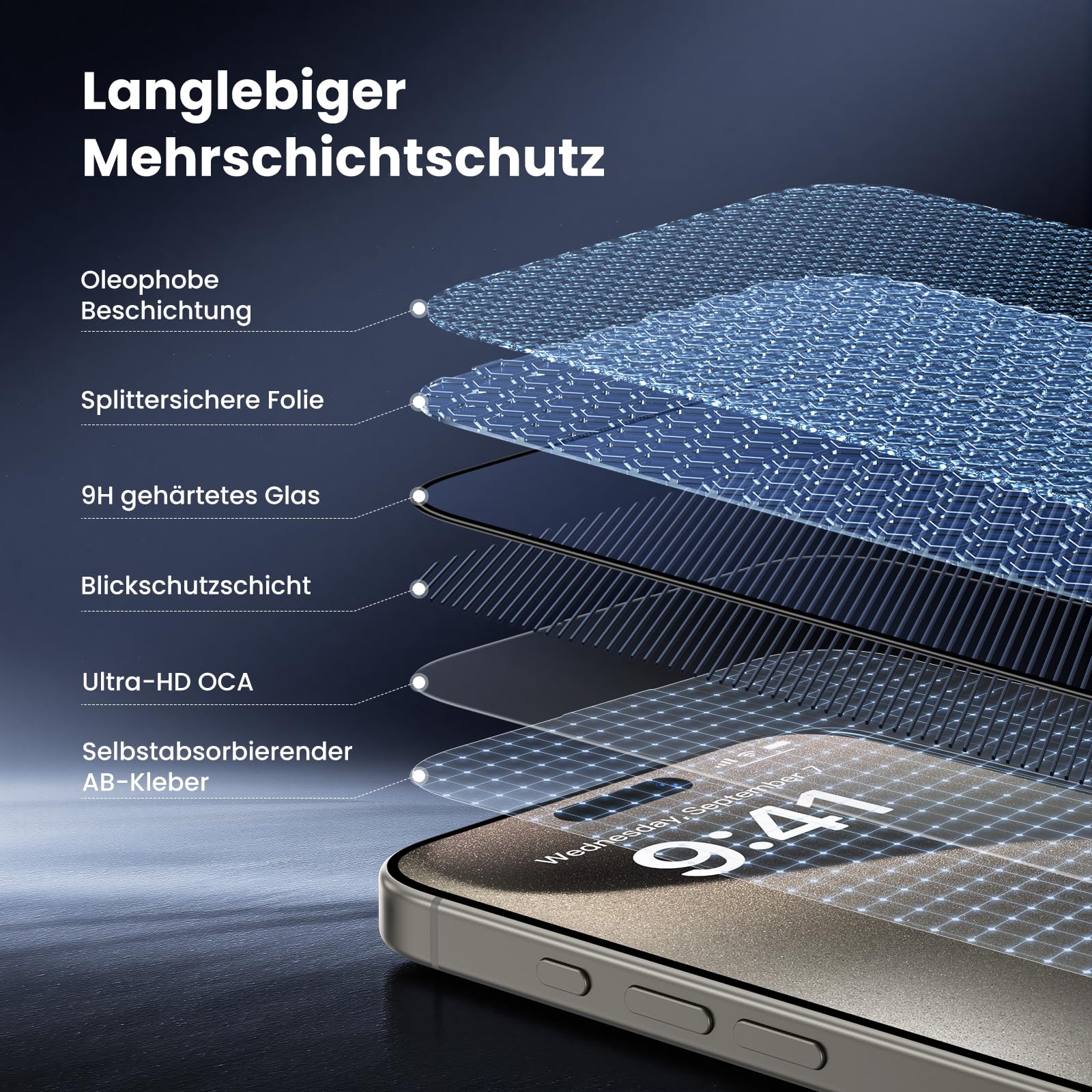 UniqueMe für Panzerglas Sichtschutz für iPhone 15 Pro - 2 Stück