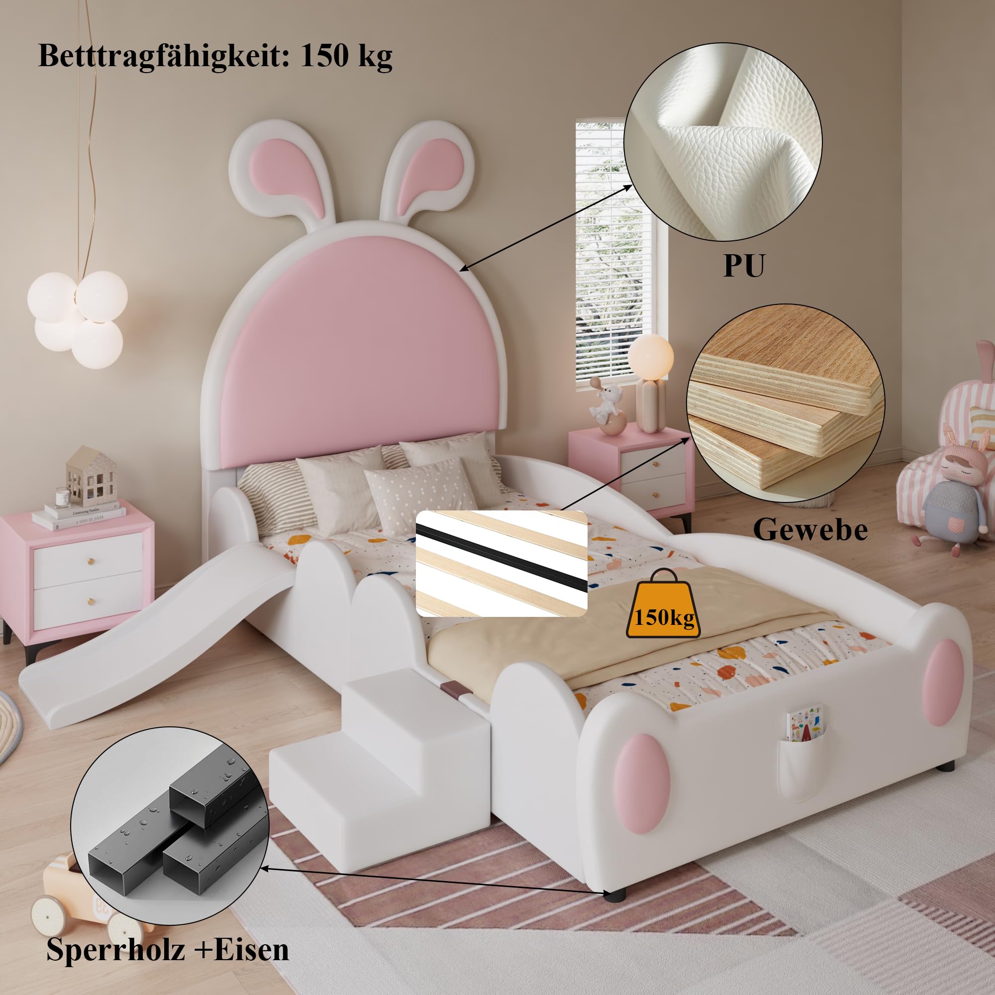 Polsterbett 90x200cm, Kinderbett mit Kleiner Rutsche und Treppe, Bettrahmen mit Holzlatten und Hasenohren Kopfteil, Schützenden Weichen Kanten, PU Polsterbett, Rosa+Weiß(Ohne Matratze)