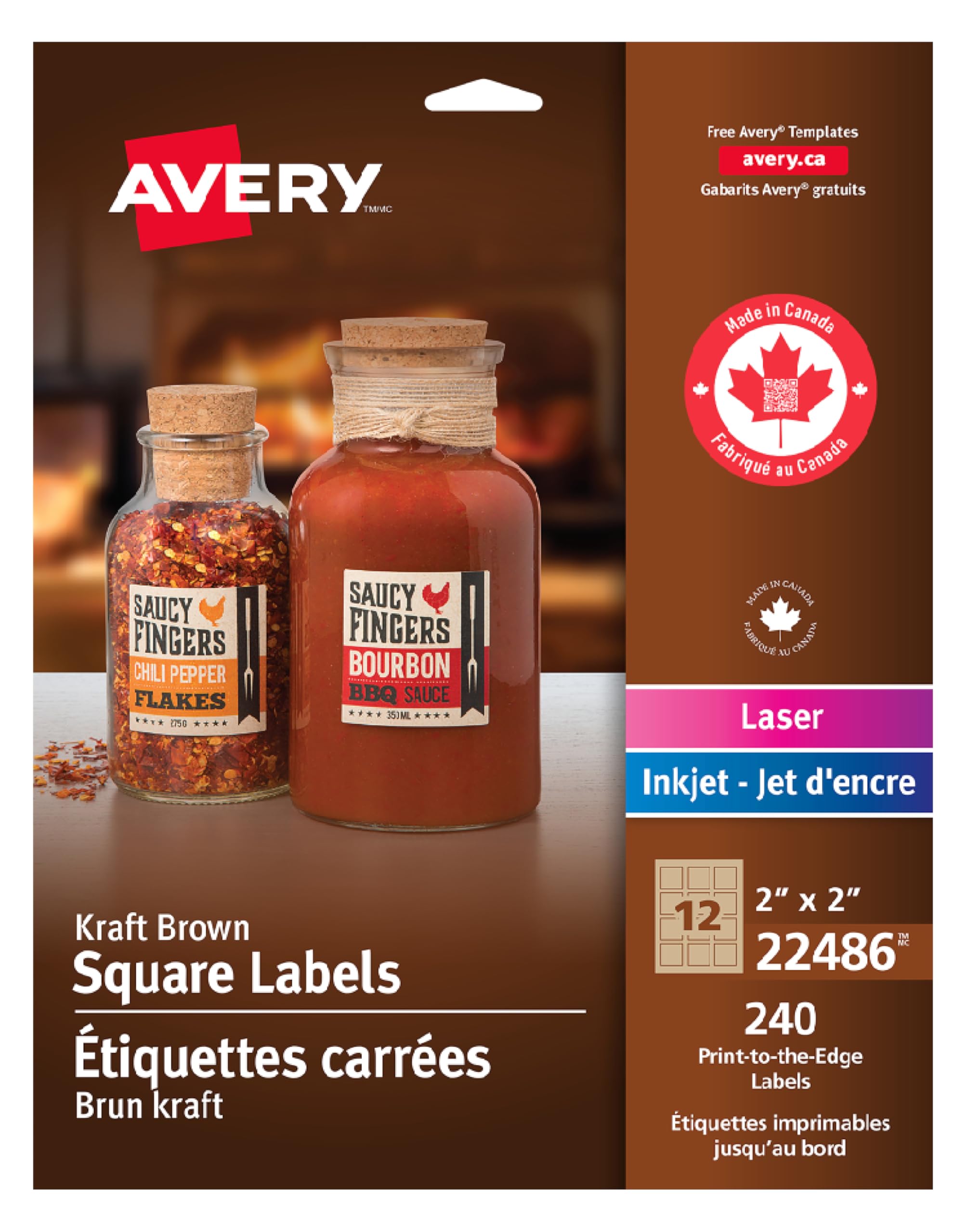 Avery Kraft Brown Square Labels, 2" X 2", for Laser/Inkjet Printers, Kraft Brown, Square, with Print-to-The-Edge, 240 Labels, Permanent (22486) Made in Canada