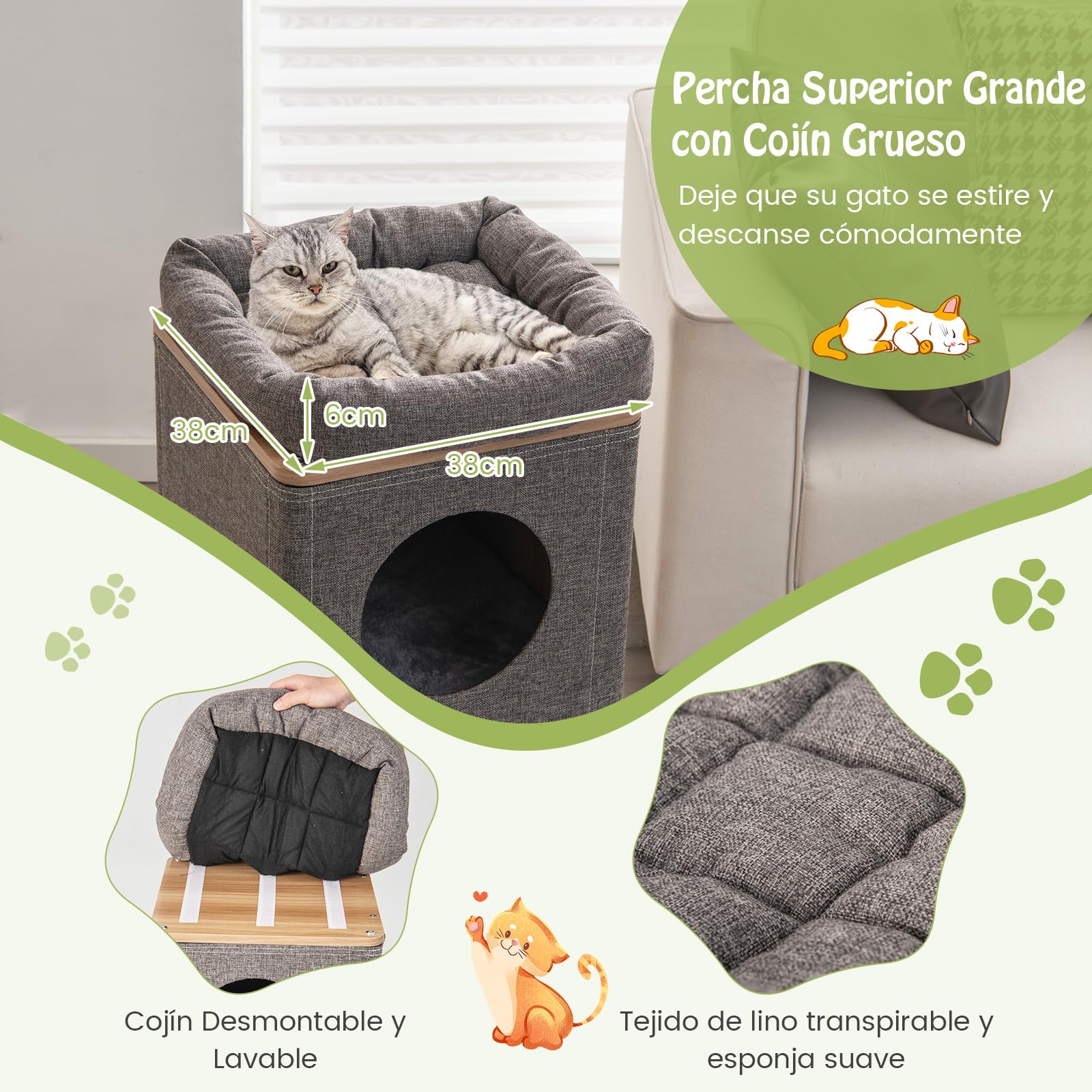 GOPLUS Casa para Gatos de 3 Niveles con Alfombrilla de Sisal Extraíble y Percha Superior, Mansión para Gatos 2 en 1 con Manta Exterior Extraíble, Superficie Cubierta de Felpa, Gris (Gris)