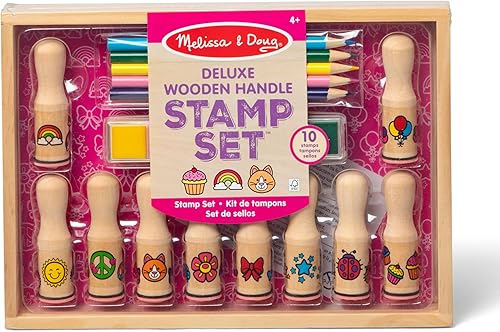 Melissa & Doug Juego de sellos de lujo con mango feliz con 10 sellos, 5 lápices de colores y almohadilla de tinta lavable de 6 colores