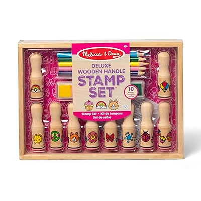 Melissa & Doug Deluxe Happy Handle Stamp Set with 10 Stamps, 5 Colored Pencils, and 6-Color Washable Ink Pad