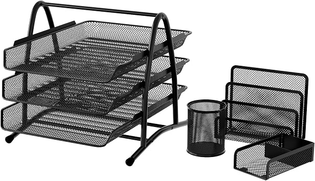 EasyPAG Office Desk Tidy 4 Piece Organiser Set - 3 Tier A4 Filing Tray,Pen Pot,Sticky Note Holder,Letter Sorter Rack,Black