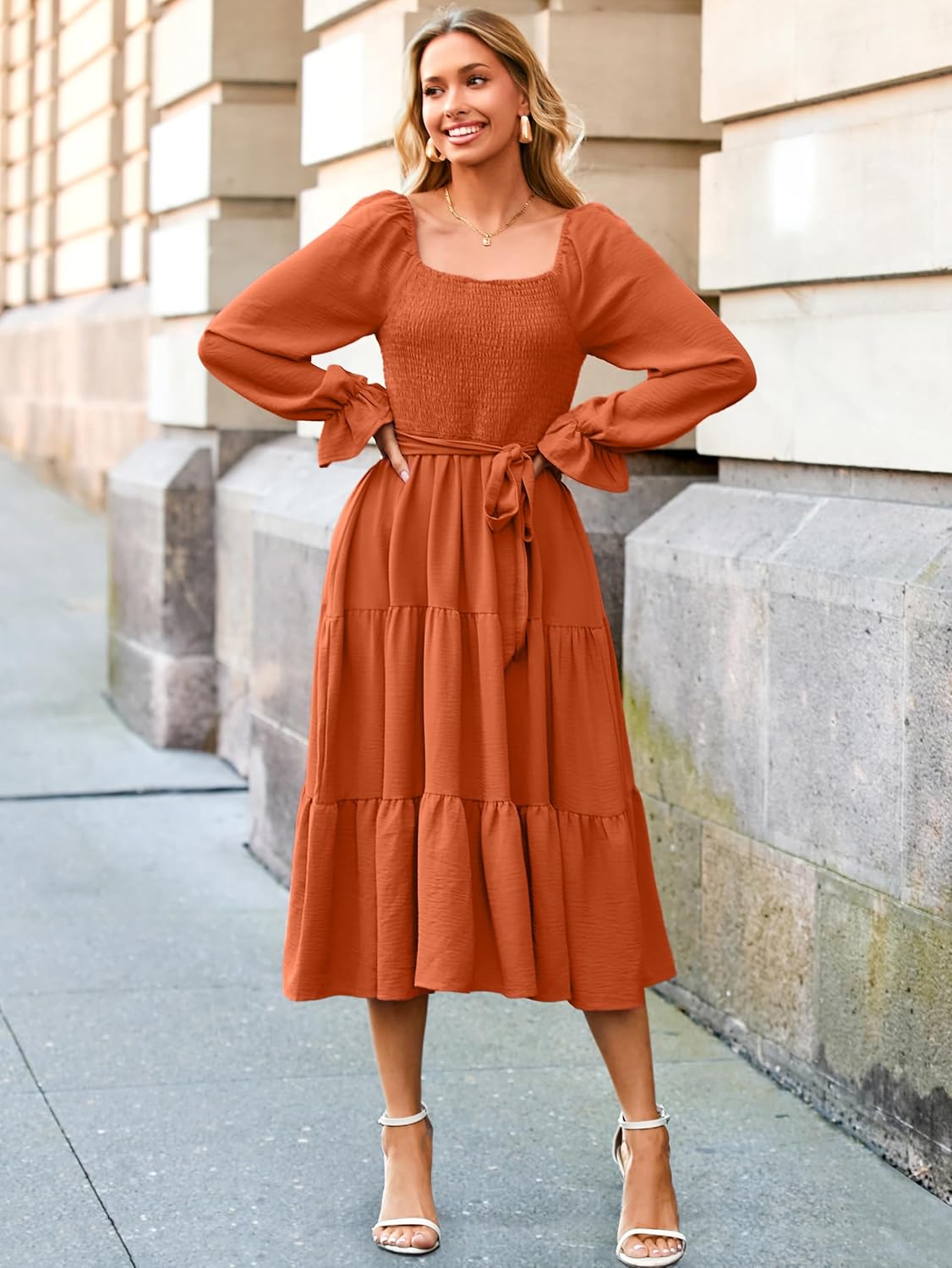 Simplee Womens Long Sleeve Maxi Dress Casual Square Neck Smocked Flowy Fall Wedding Guest Dresses