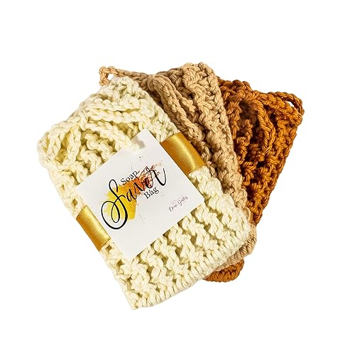 Ivory Taupe Antique Gold Reusable Crochet Soap Saver Bag Set for Handmade Soap - Soap on a Rope Pouch - 3 Pack
