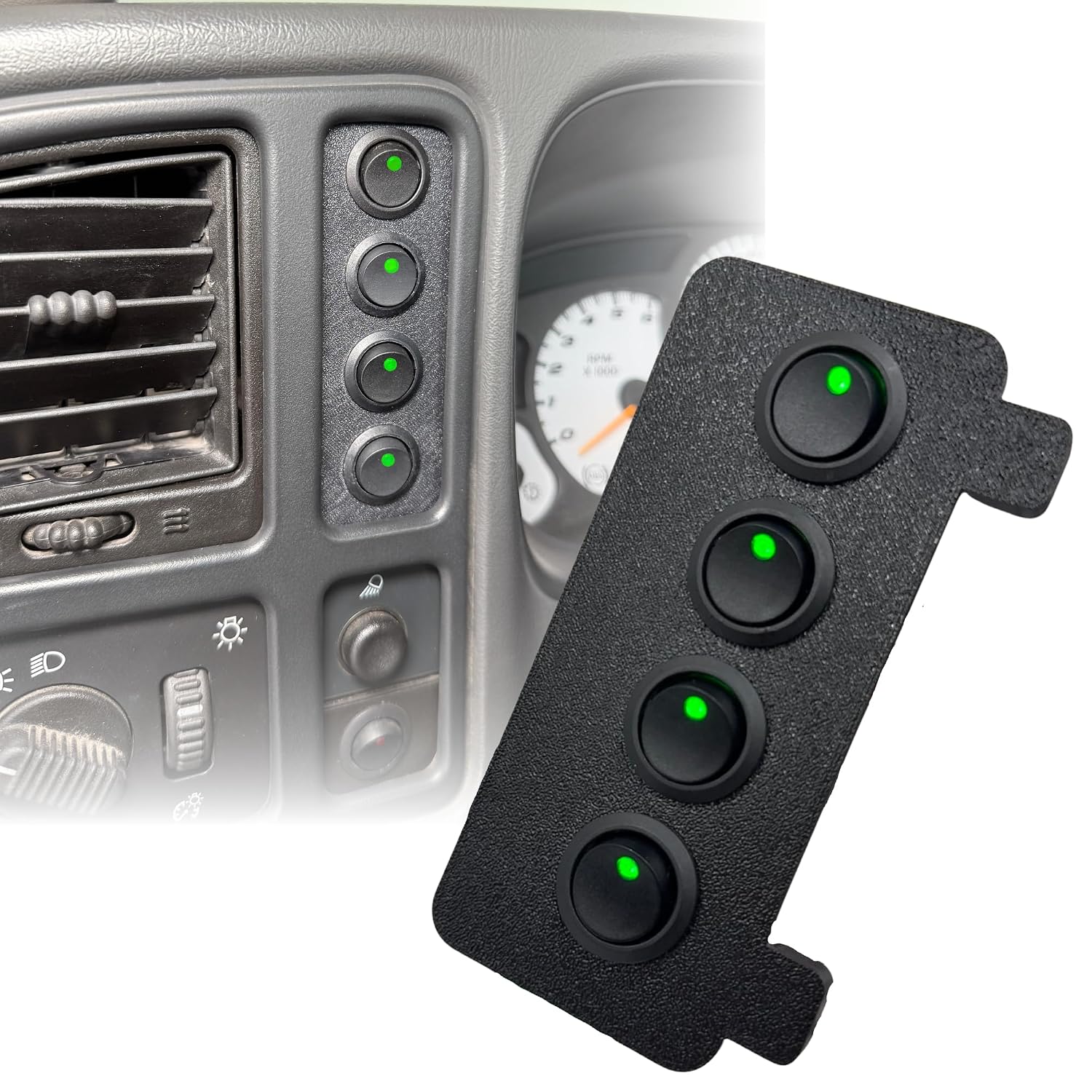 Dash Mount Switch Panel Bezel for 1999–2007 Silverado Sierra | Fits NBS Chevy GMC | Red Orange Green Rocker Toggle Switches (4 Gang, Green)