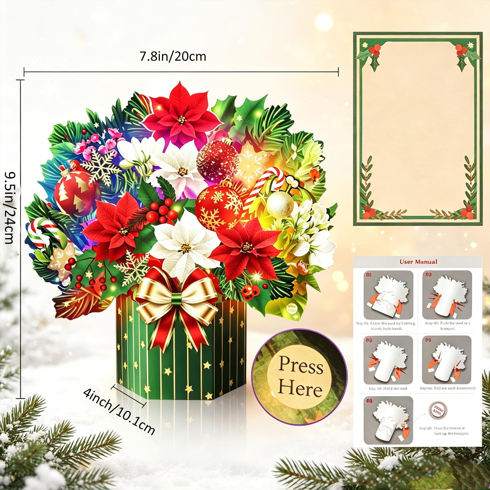 Yinqing Tarjetas de Navidad, 33 cm, tamaño real, ramo de flores 3D, tarjeta de felicitación desplegable para mujer