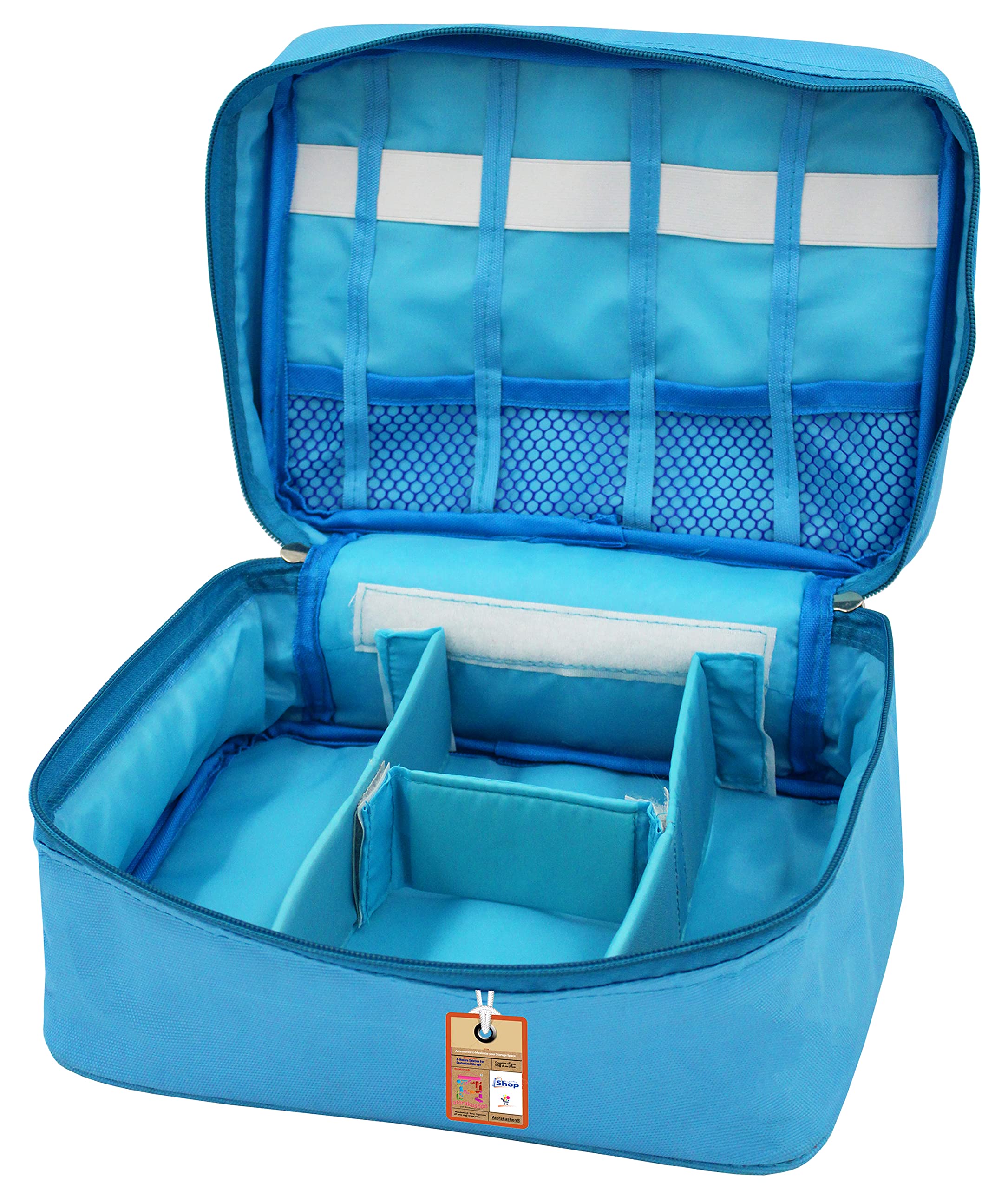 atorakushon fabric travel organizer cosmetic makeup kit storage organizer toiletry travel bag for jewellery utility bags vanity box for bride with adjustable compartment sky blue